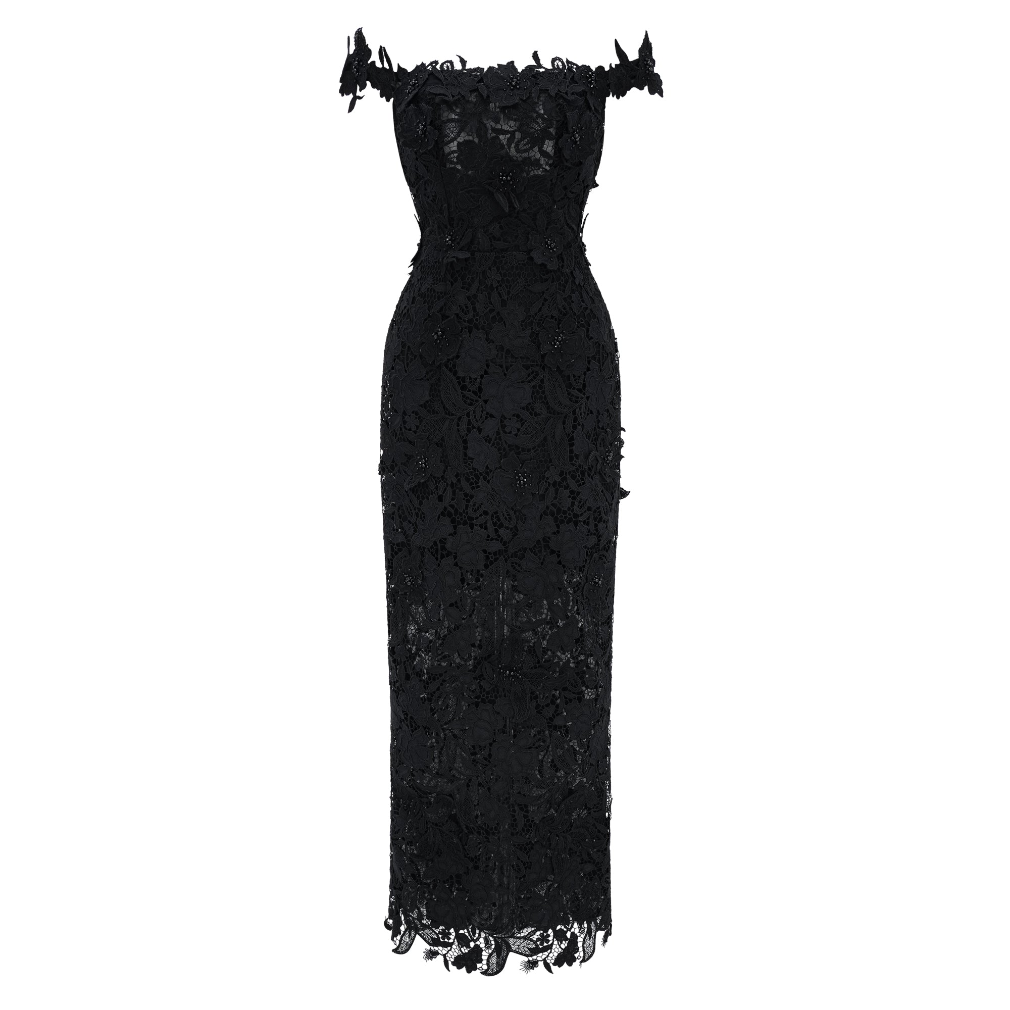 فستان طويل من الدانتيل المطرز باللون الأسود من ماركة «هيكاتي» مع زخارف زهور ثلاثية الأبعاد