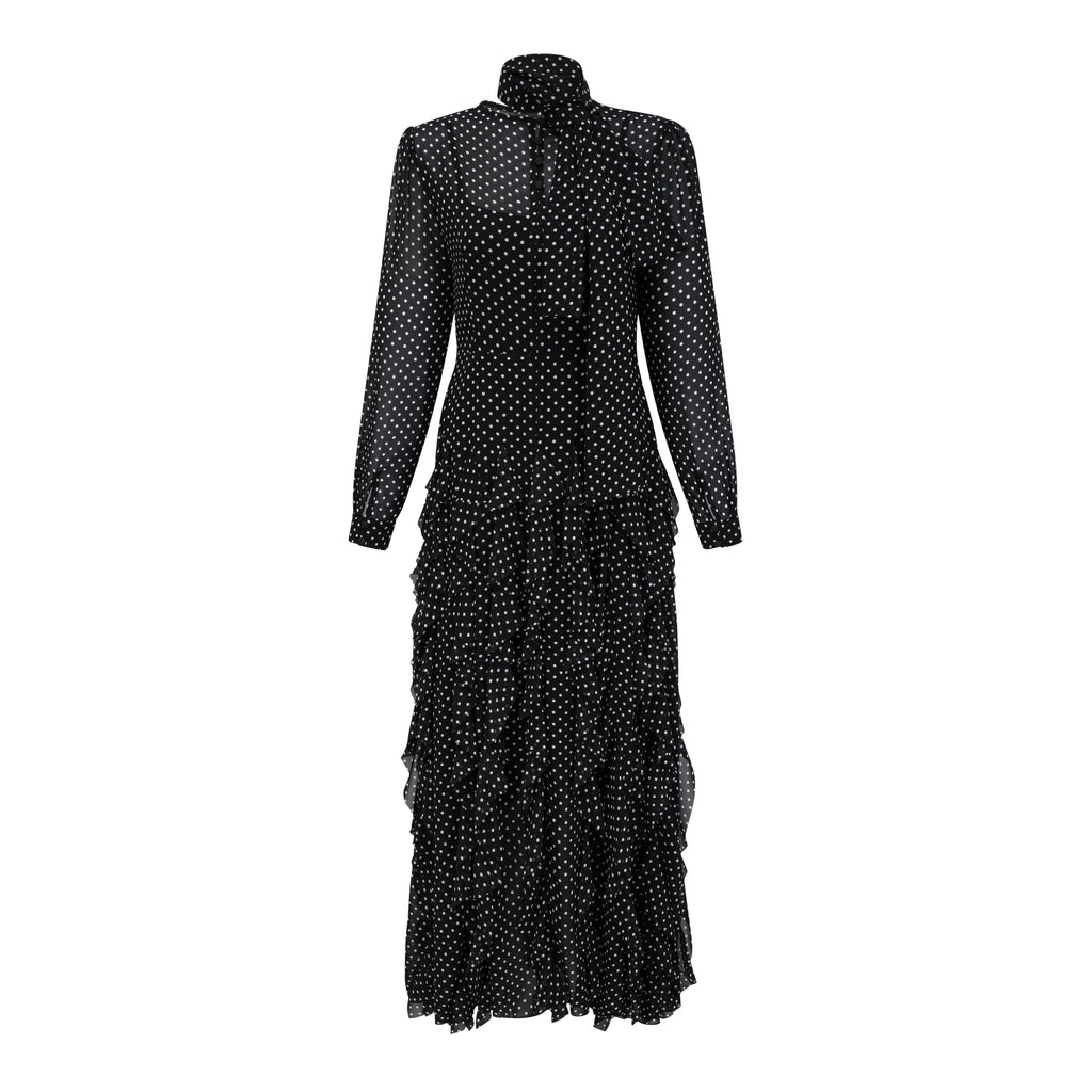 Lucrezia black polka-dot print velvet panelled ruffled mini dress