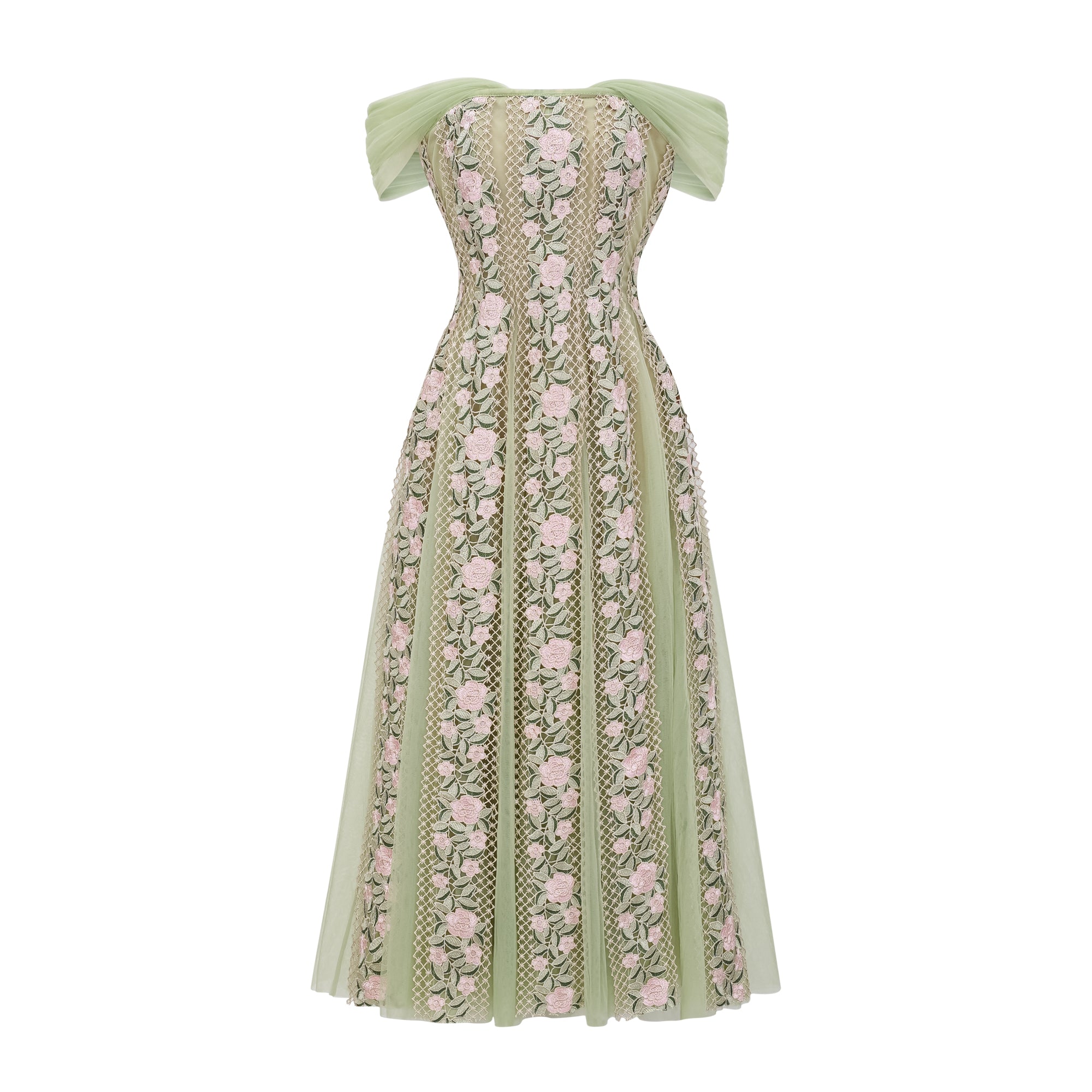 Eleni – Grünes Midikleid mit Tülleinsatz und Blumenmuster