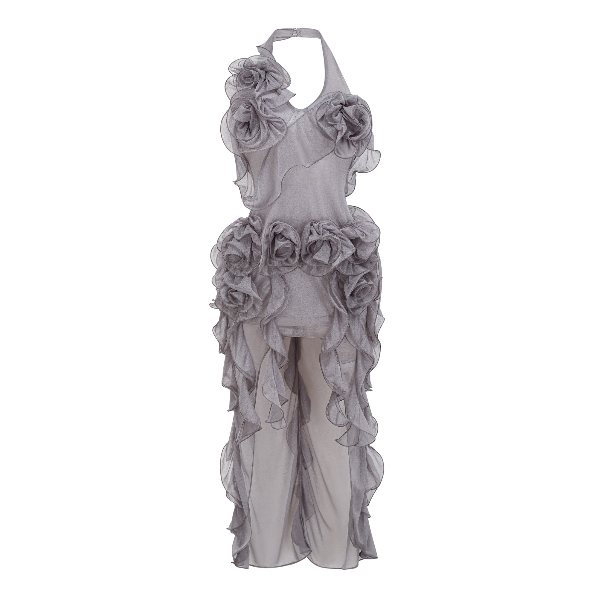 Hannabella – Graues, asymmetrisches Minikleid mit Rüschen und Blumenmuster