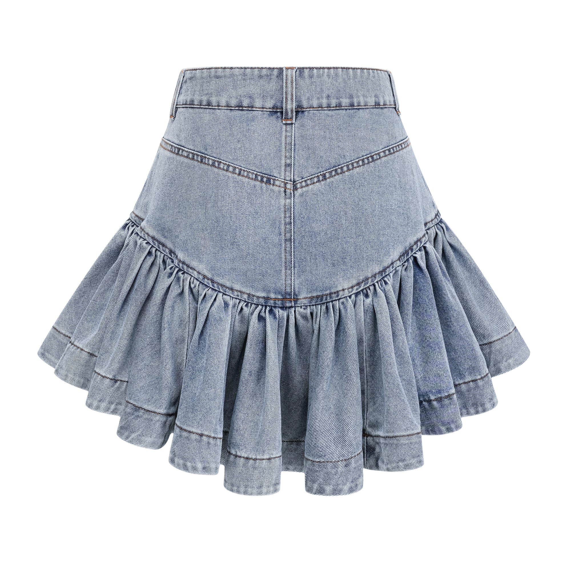 Florence Ruffled Denim Mini Skirt in Light Blue