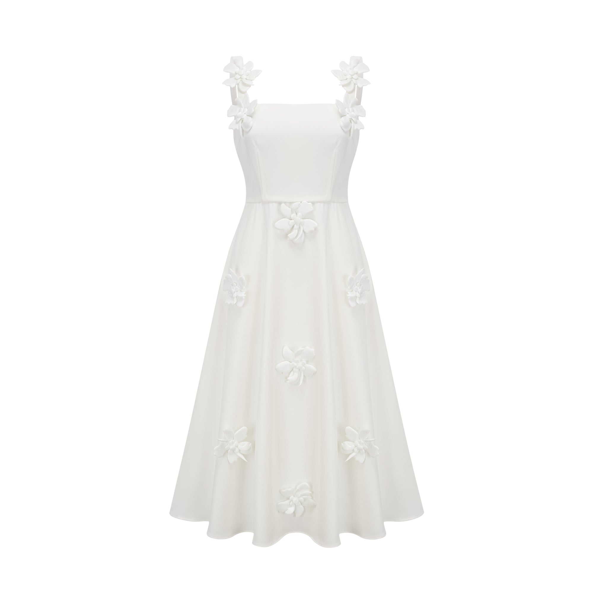 Ariane white faux-flower square-neck midi dress