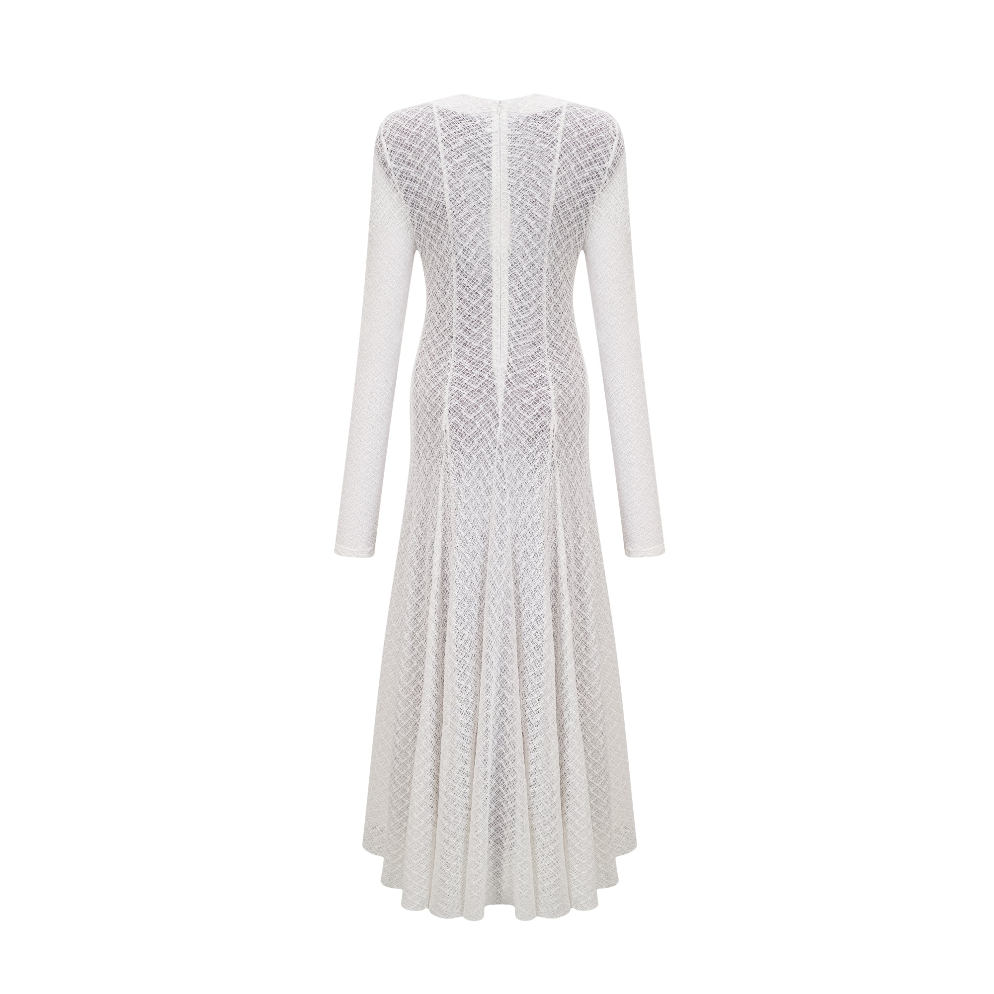 فستان أثينا ماكسي من الدانتيل بنمط متموج باللون الأبيض
