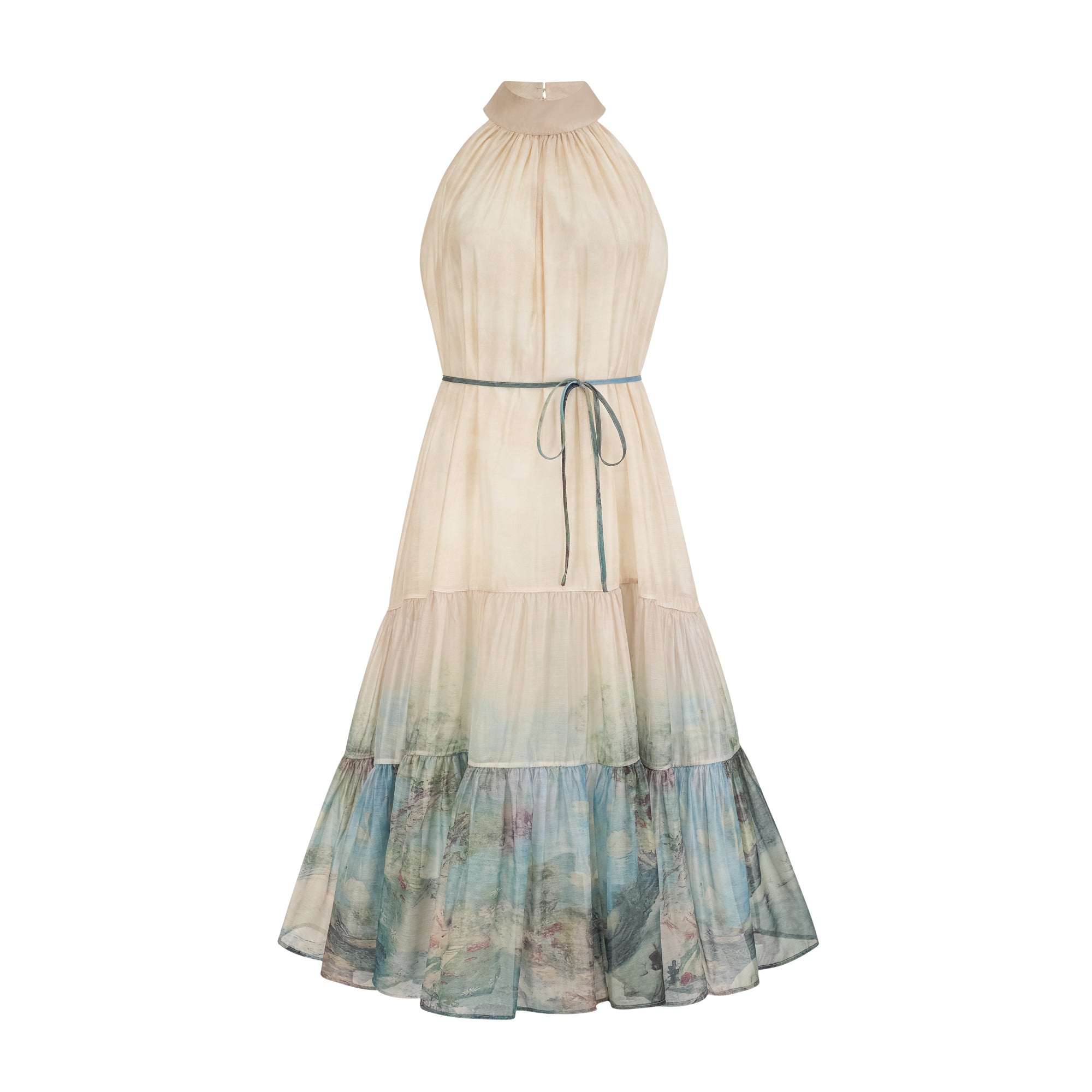 فستان دلفين متوسط الطول بطبعات متعددة الطبقات