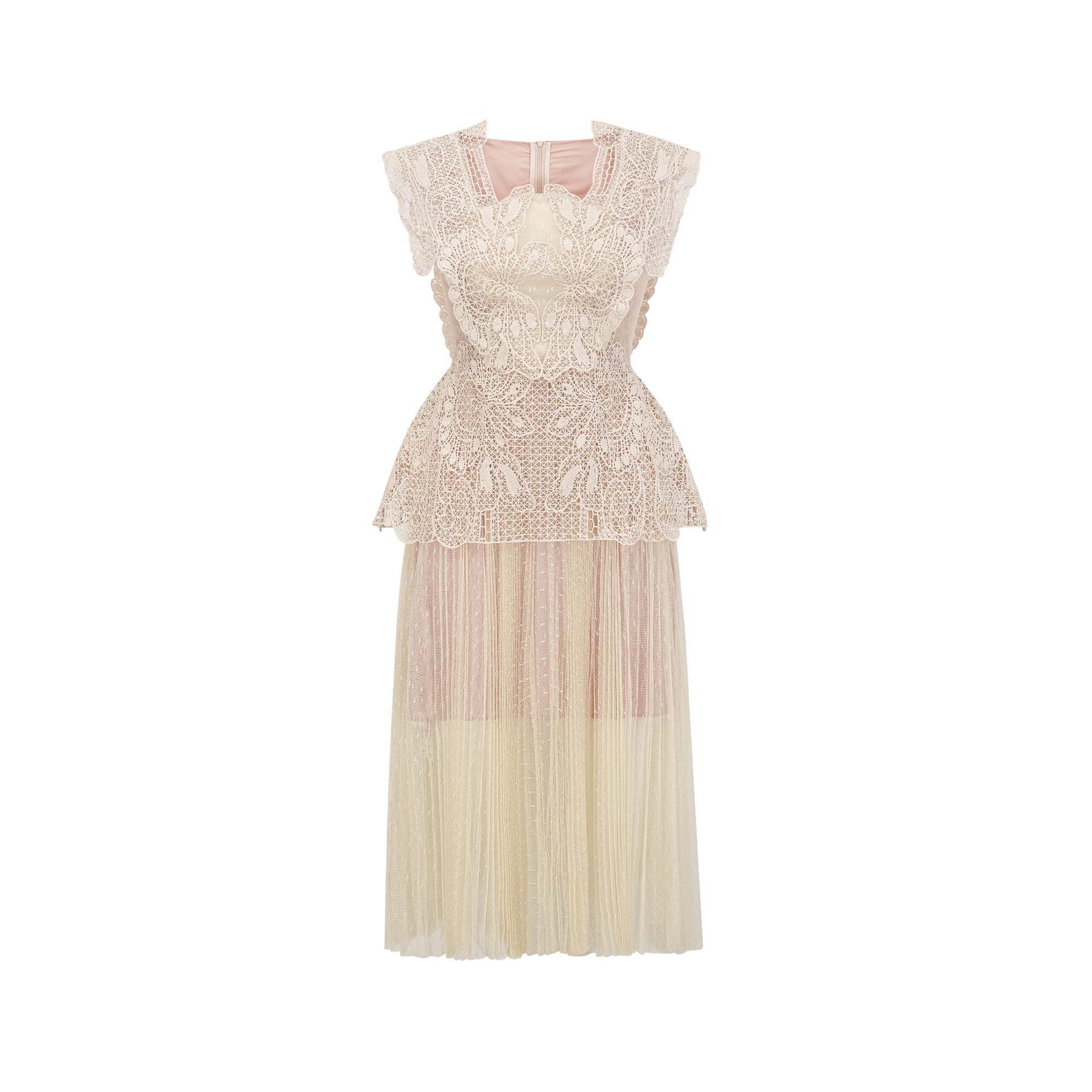 Céleste – Midikleid aus Tüll mit floraler Spitzeneinlage in Neutraltönen