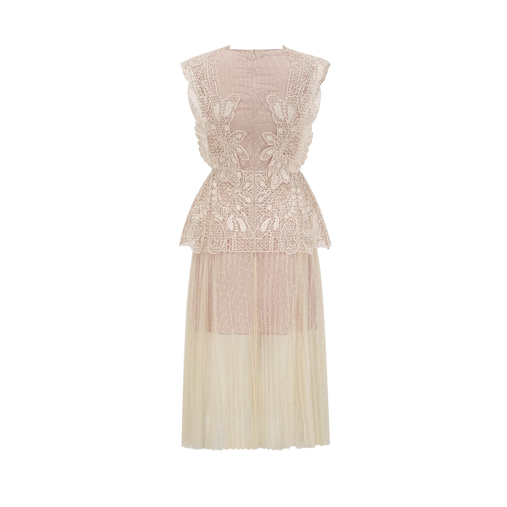 Céleste – Midikleid aus Tüll mit floraler Spitzeneinlage in Neutraltönen