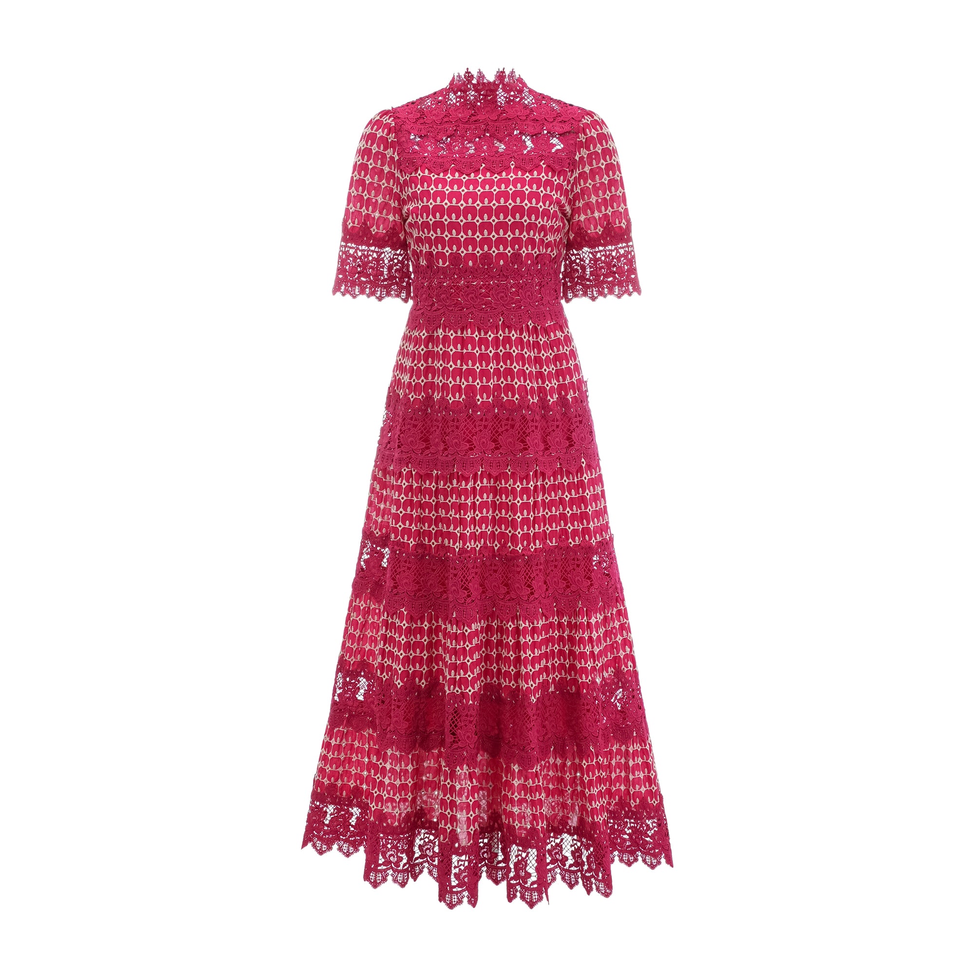 فستان شانتال ماكسي أحمر بنقشة صدفية وأجزاء من الدانتيل