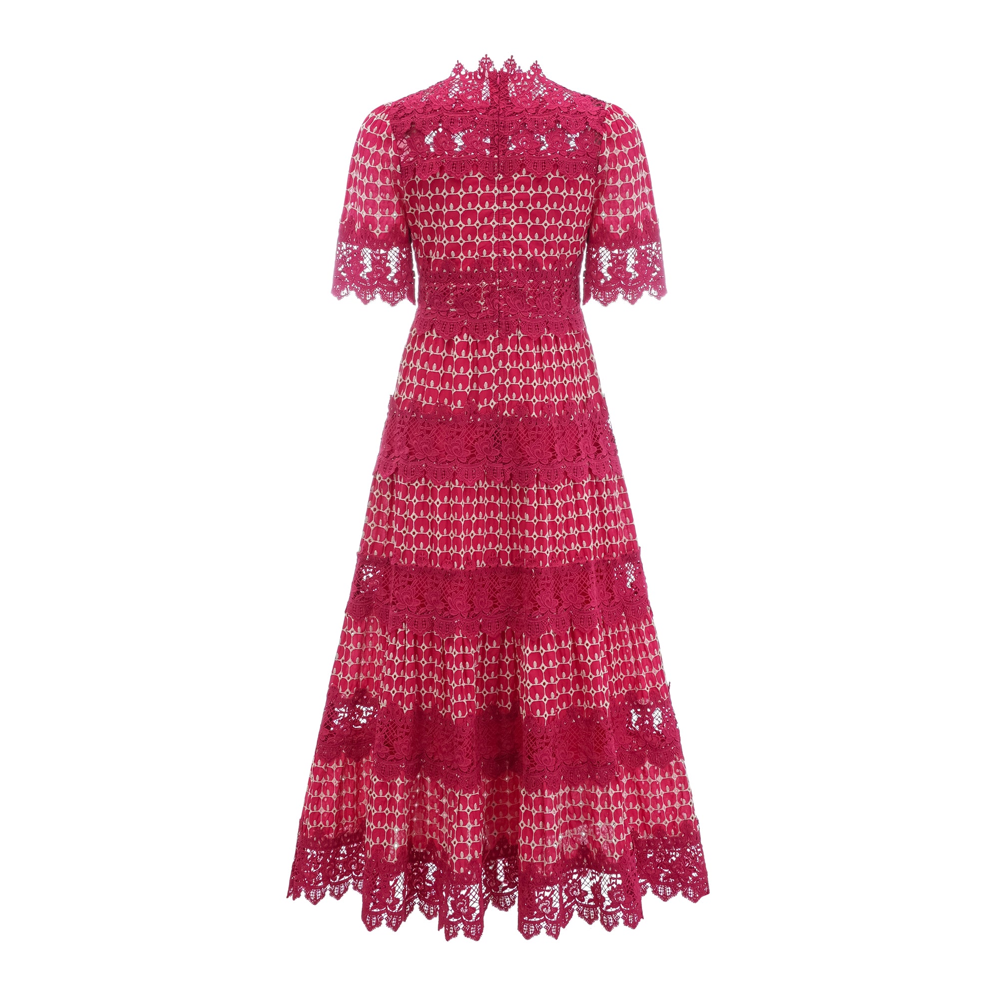 فستان شانتال ماكسي أحمر بنقشة صدفية وأجزاء من الدانتيل