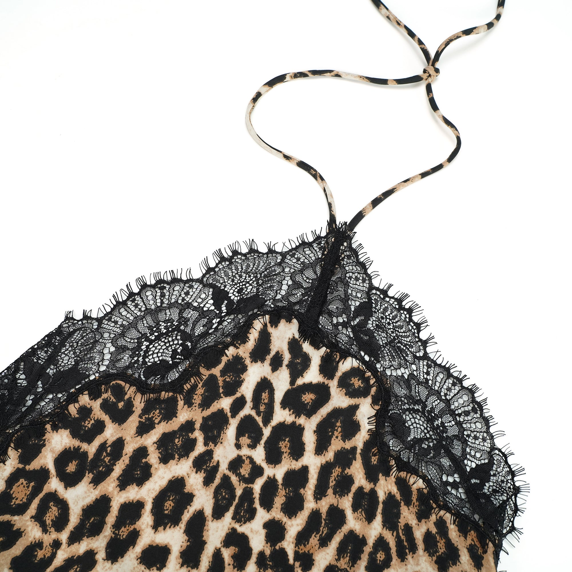 Alizée – Braunes Maxikleid mit Spitzeneinsatz und Leopardenmuster