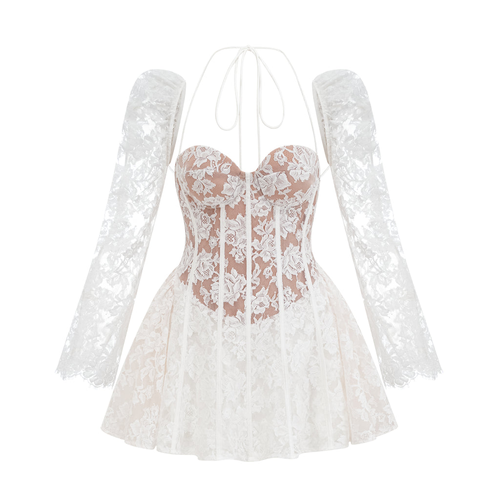 Dianna Corset Waist Deep V Dress White