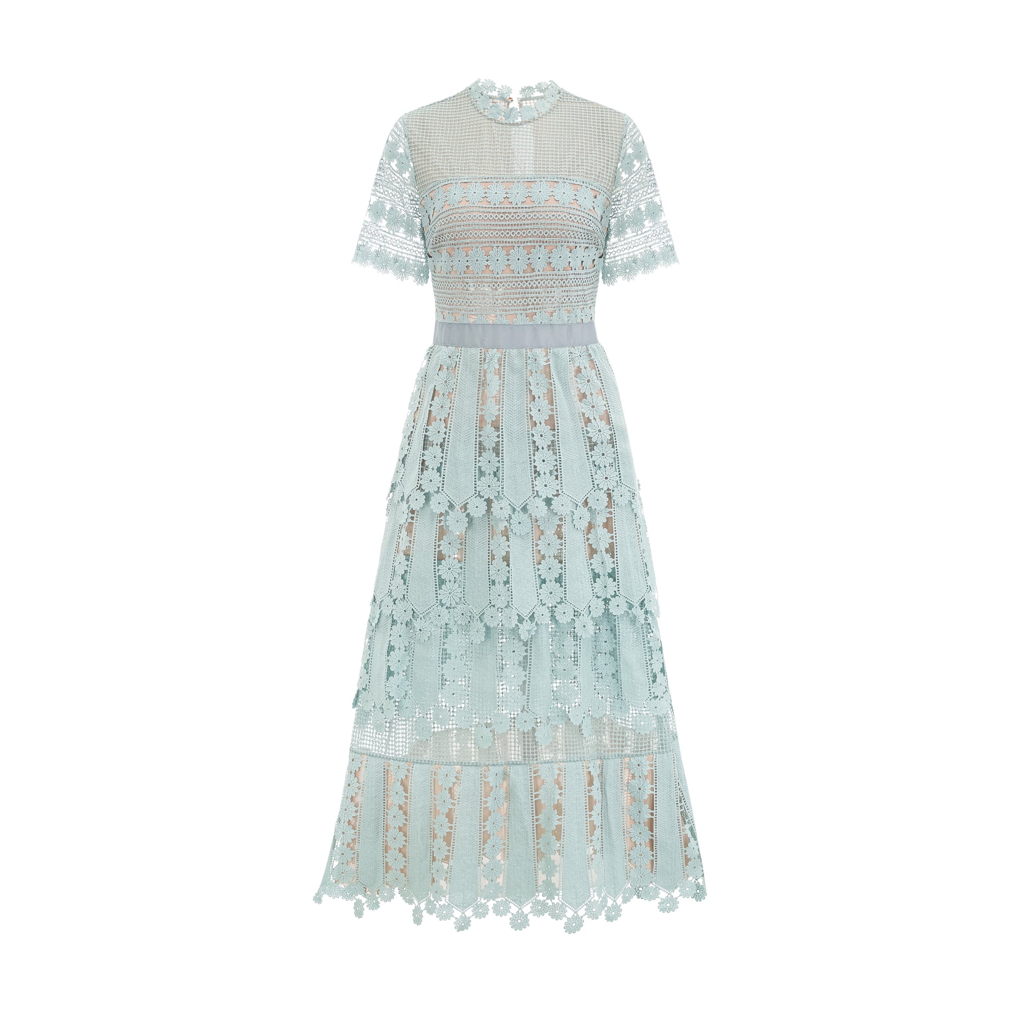 فستان ميدي مطرز بالزهور باللون الأخضر المحيطي