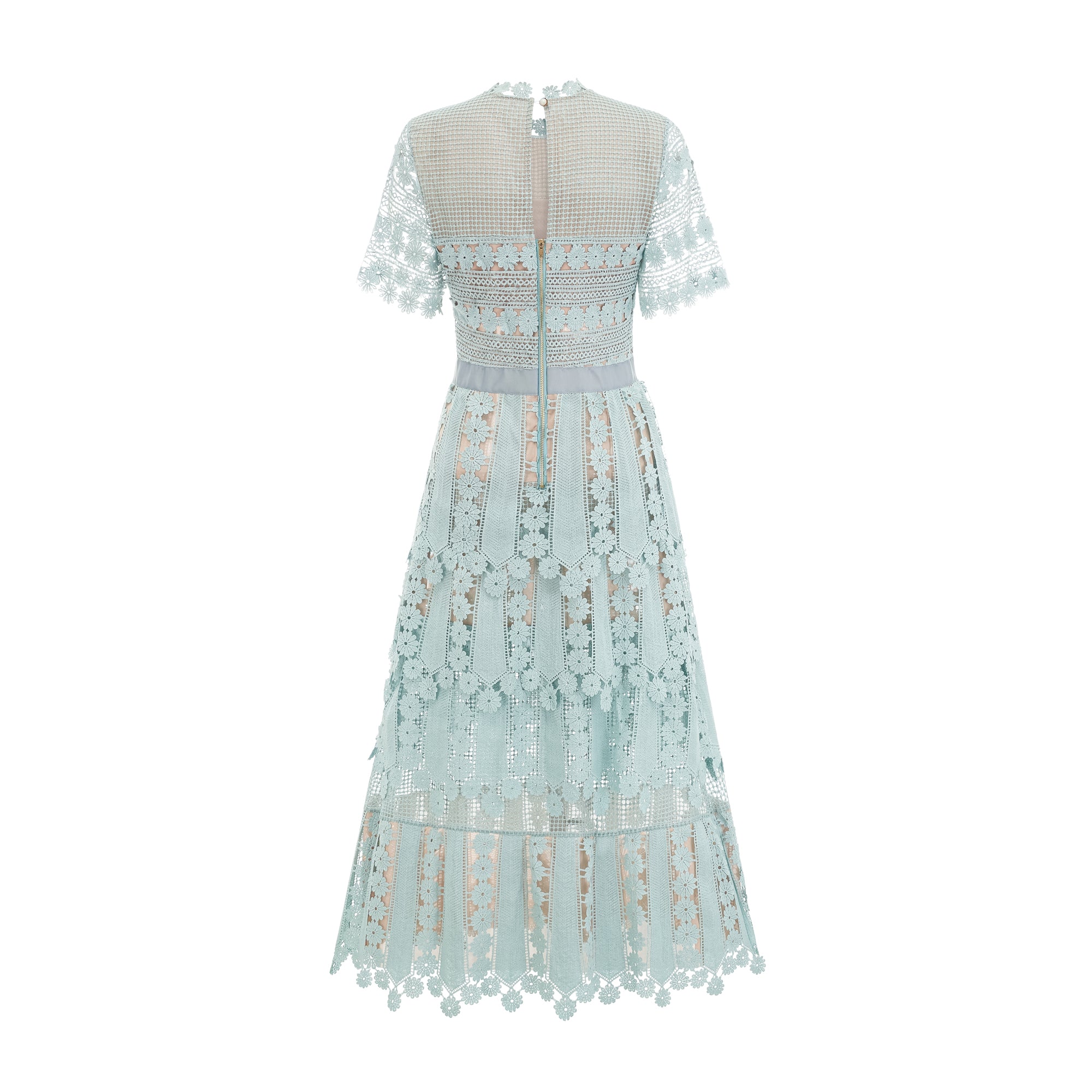 فستان ميدي مطرز بالزهور باللون الأخضر المحيطي