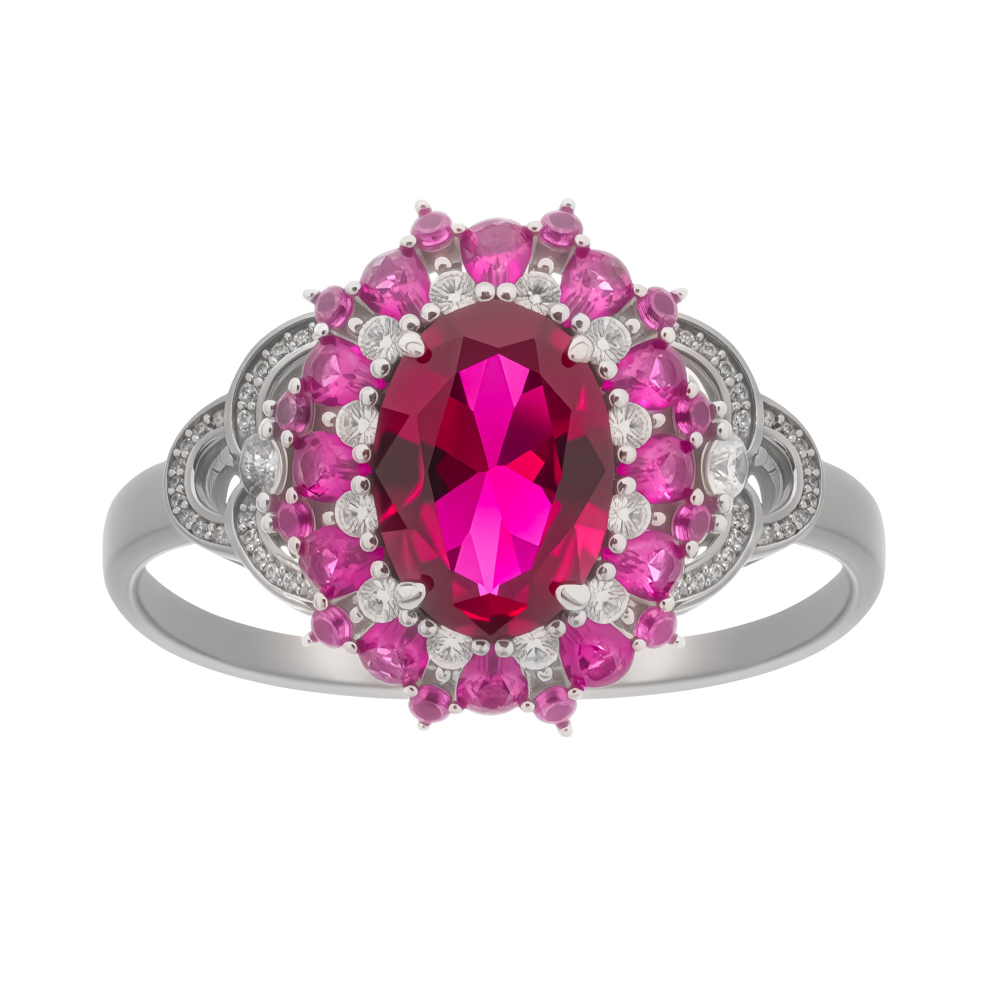 خاتم أميلي الأحمر البيضاوي المصنوع من الفضة الإسترلينية المرصع بالأحجار الكريمة