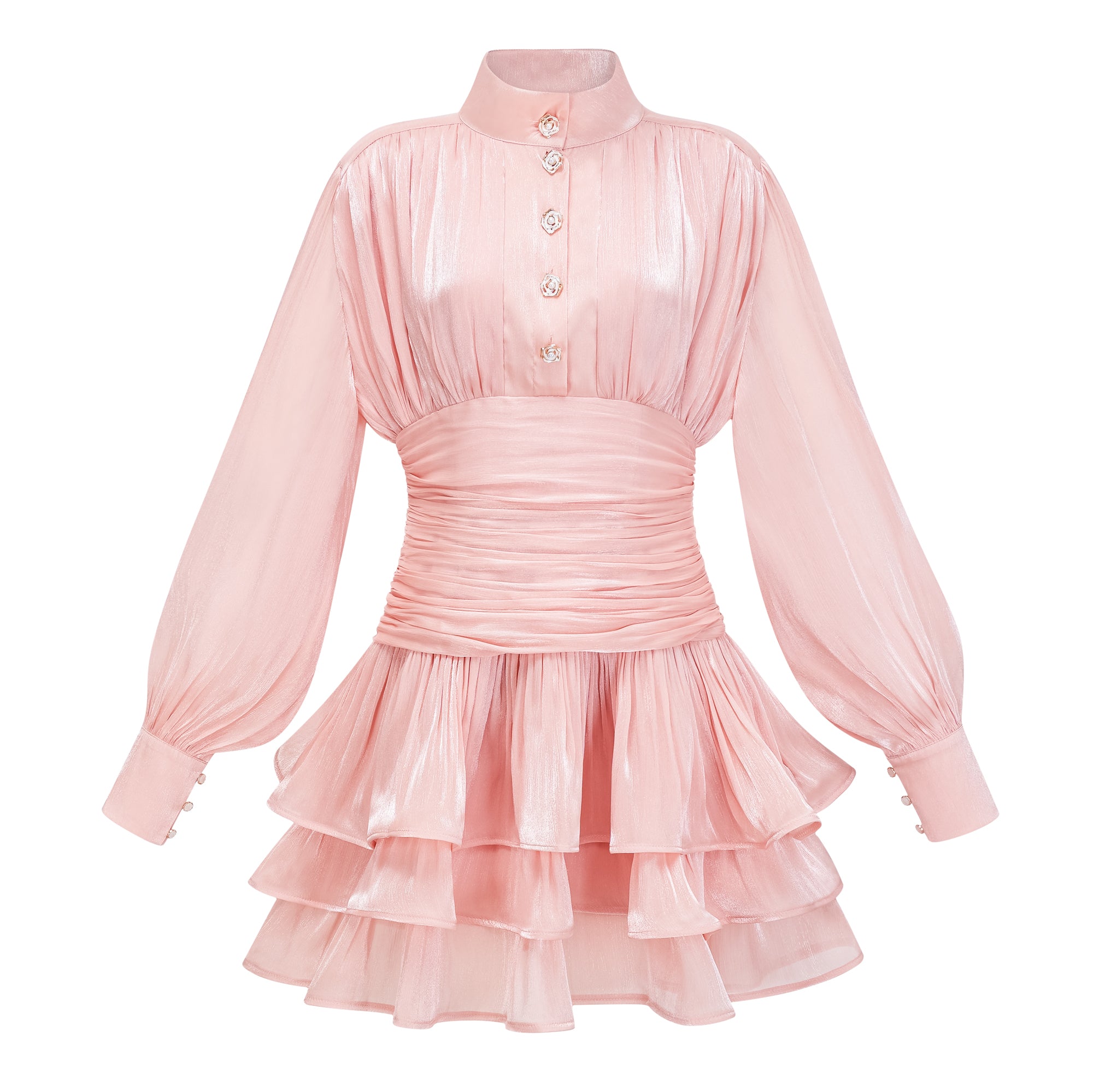 Emersyn Pinkes Minikleid mit hohem Kragen und Rüschendetails