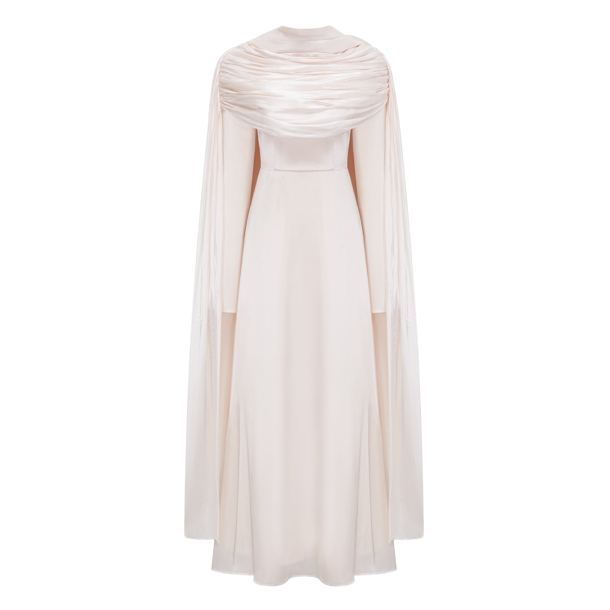 Hege Cream Glossy Ruched Cape Maxi Dress