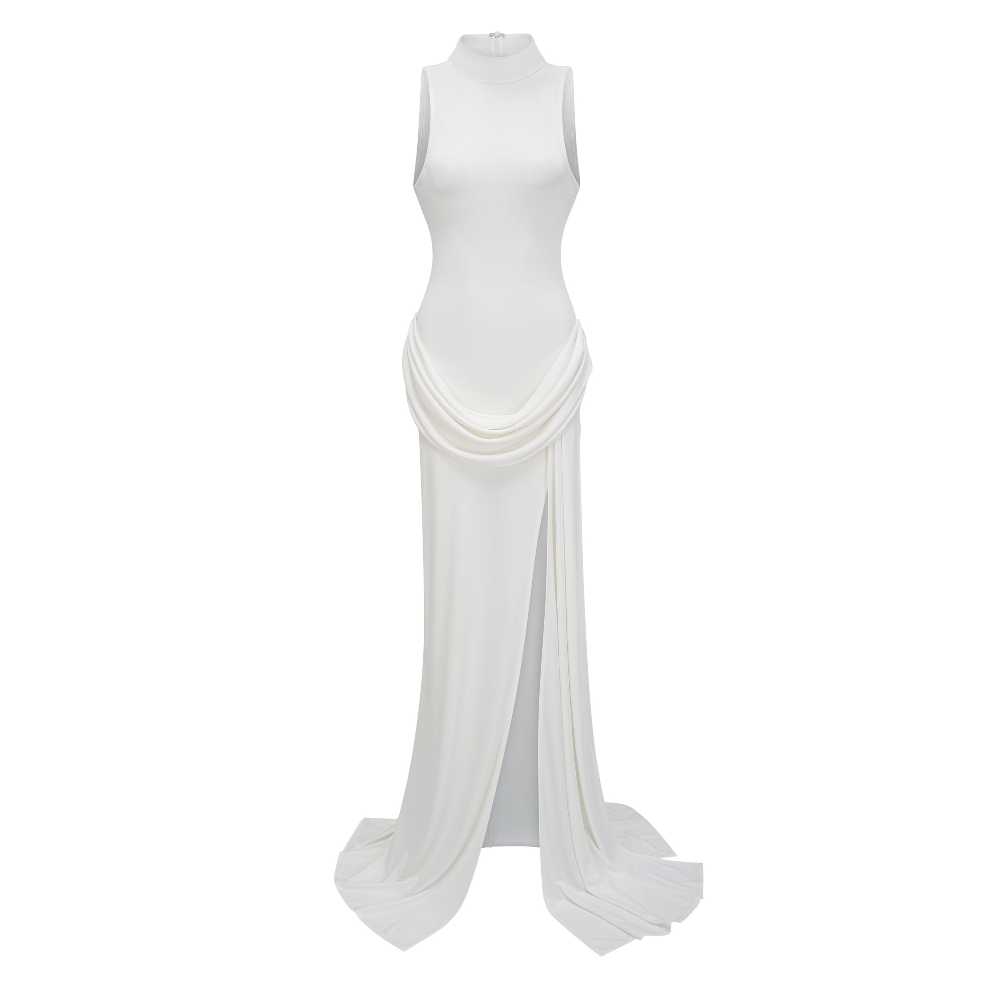 Mystérieuse – Drapiertes Maxikleid mit Rollkragen in Weiß