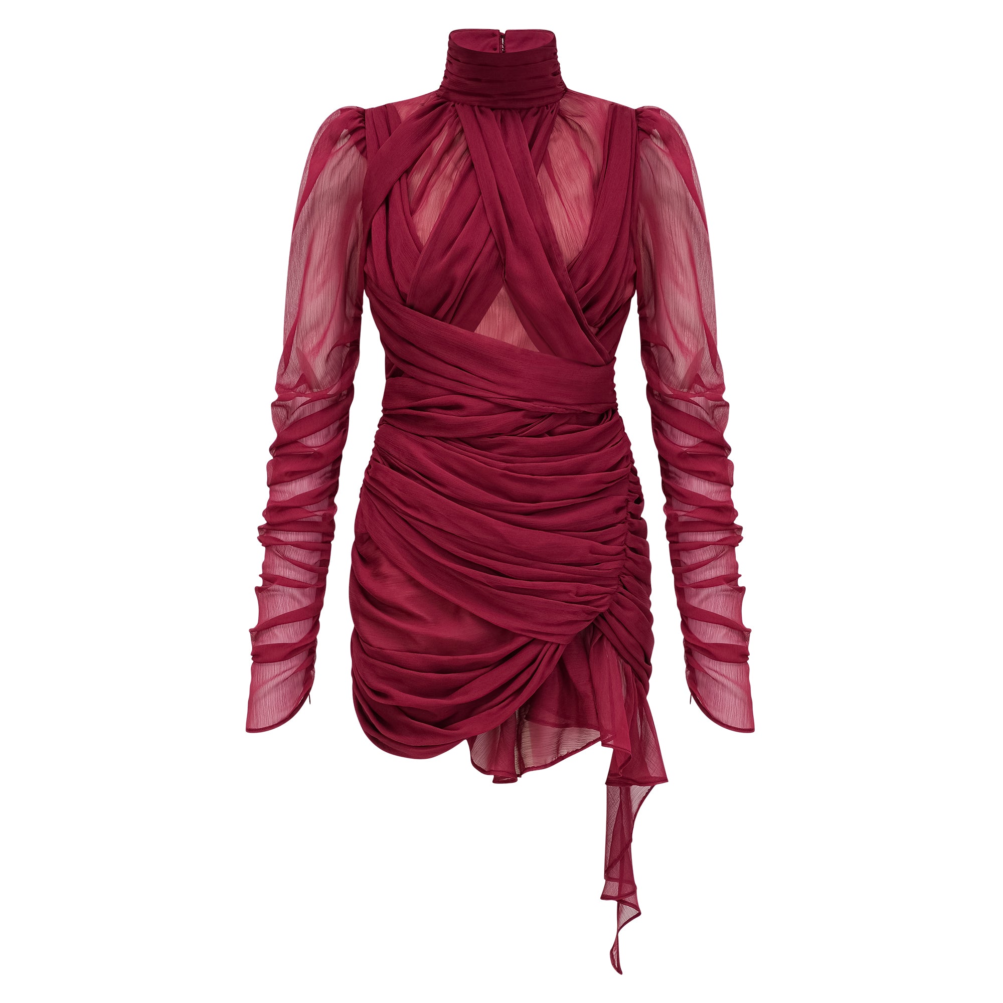 Théa Burgundy Asymmetrical Ruched Mini Dress