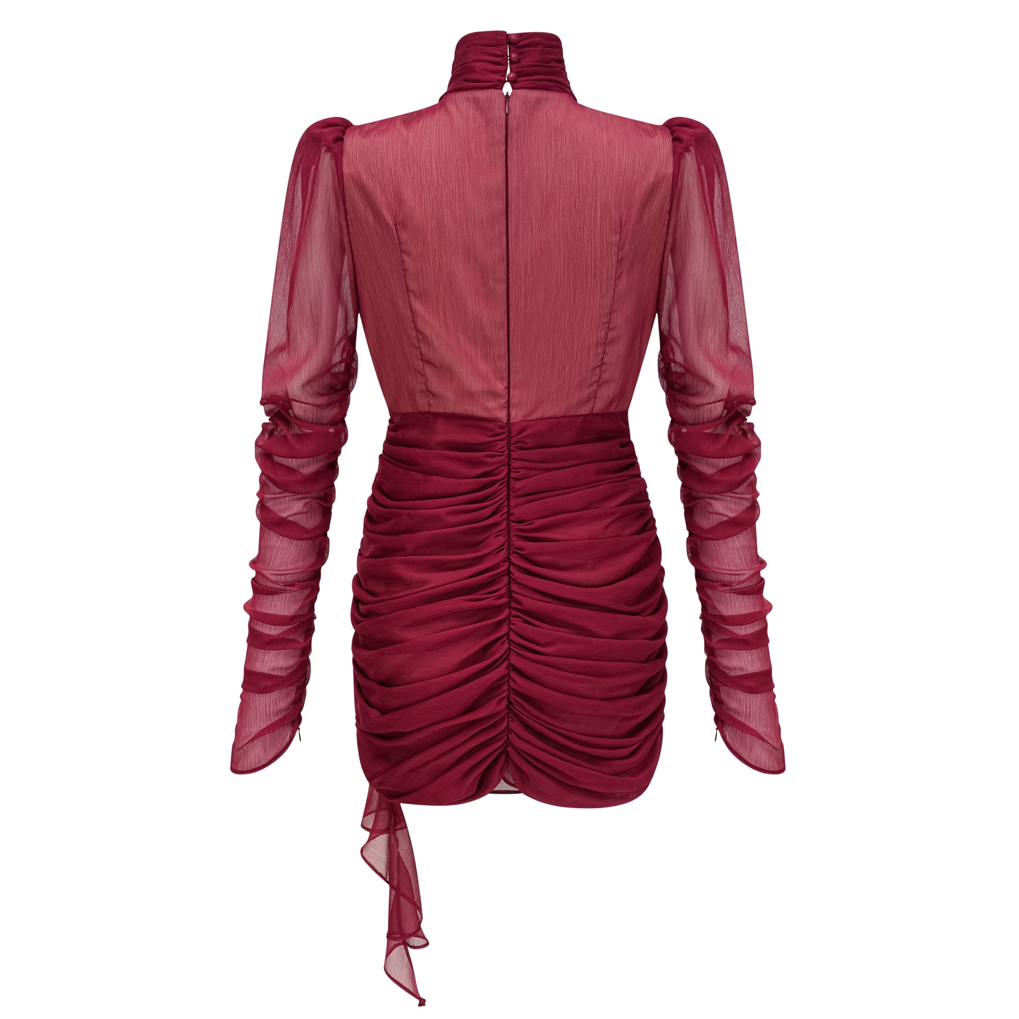 Théa Burgundy Asymmetrical Ruched Mini Dress