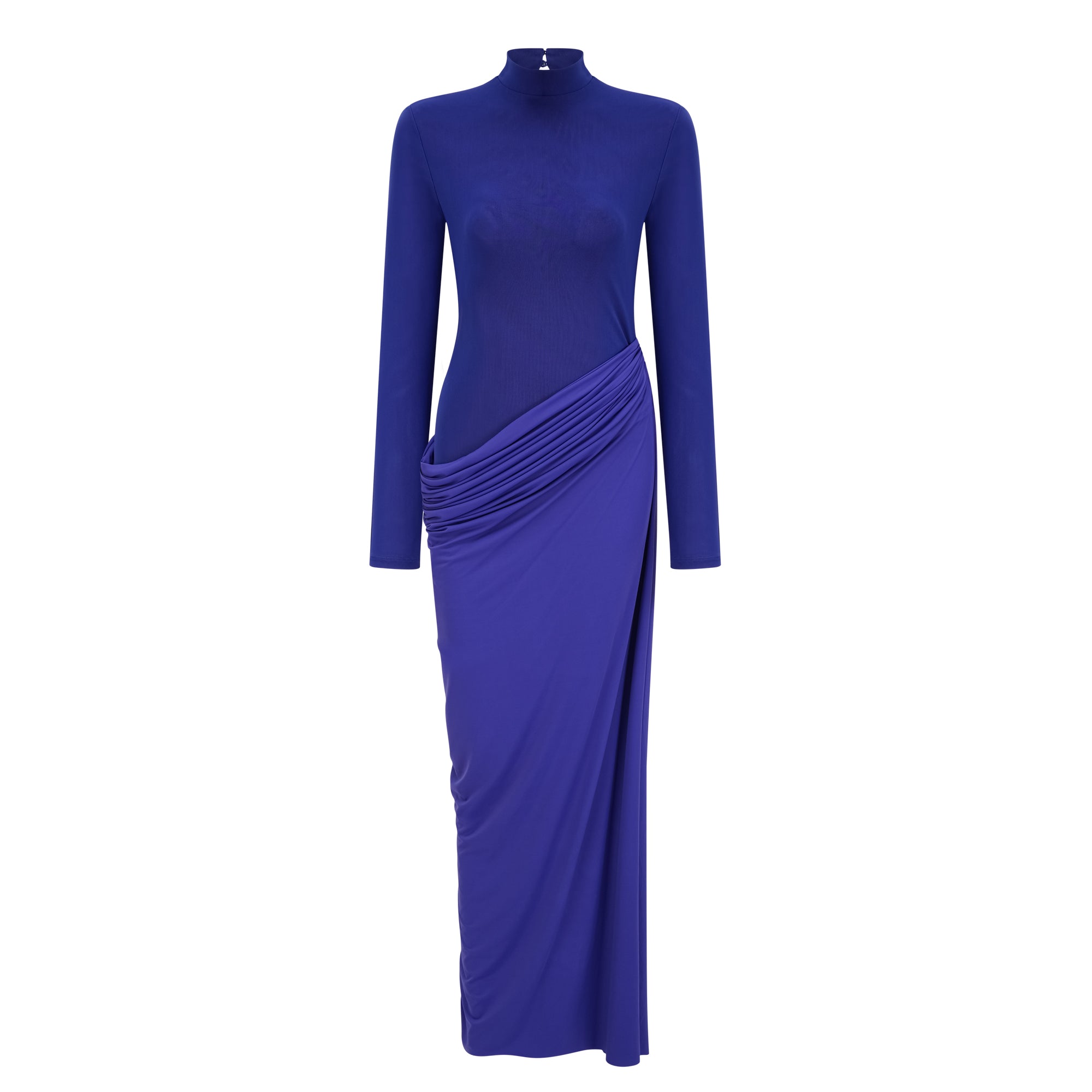 Éva Blaues, drapiertes, gerafftes Maxikleid