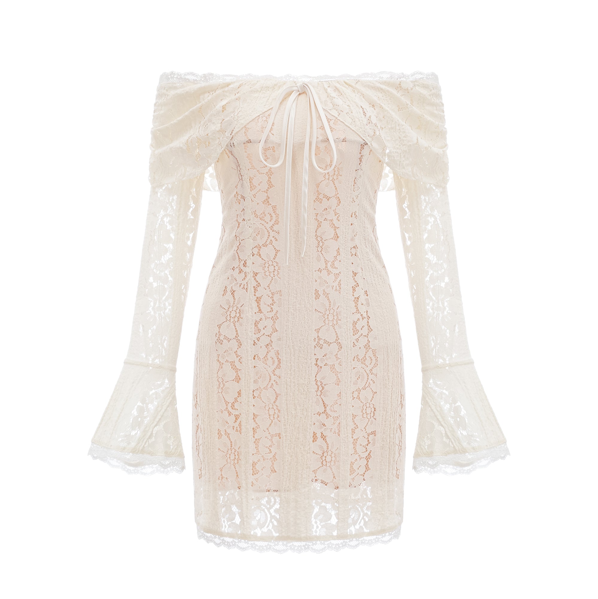 فستان قصير من إيميلين مزين بالدانتيل مزهر بأكمام واسعة باللون الحيادي