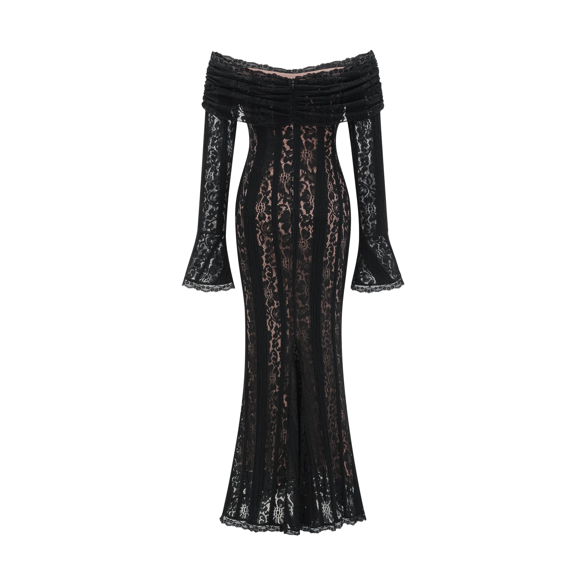 فستان إيميلين متوسط الطول بأكمام واسعة من الدانتيل مزين بالزهور باللون الأسود