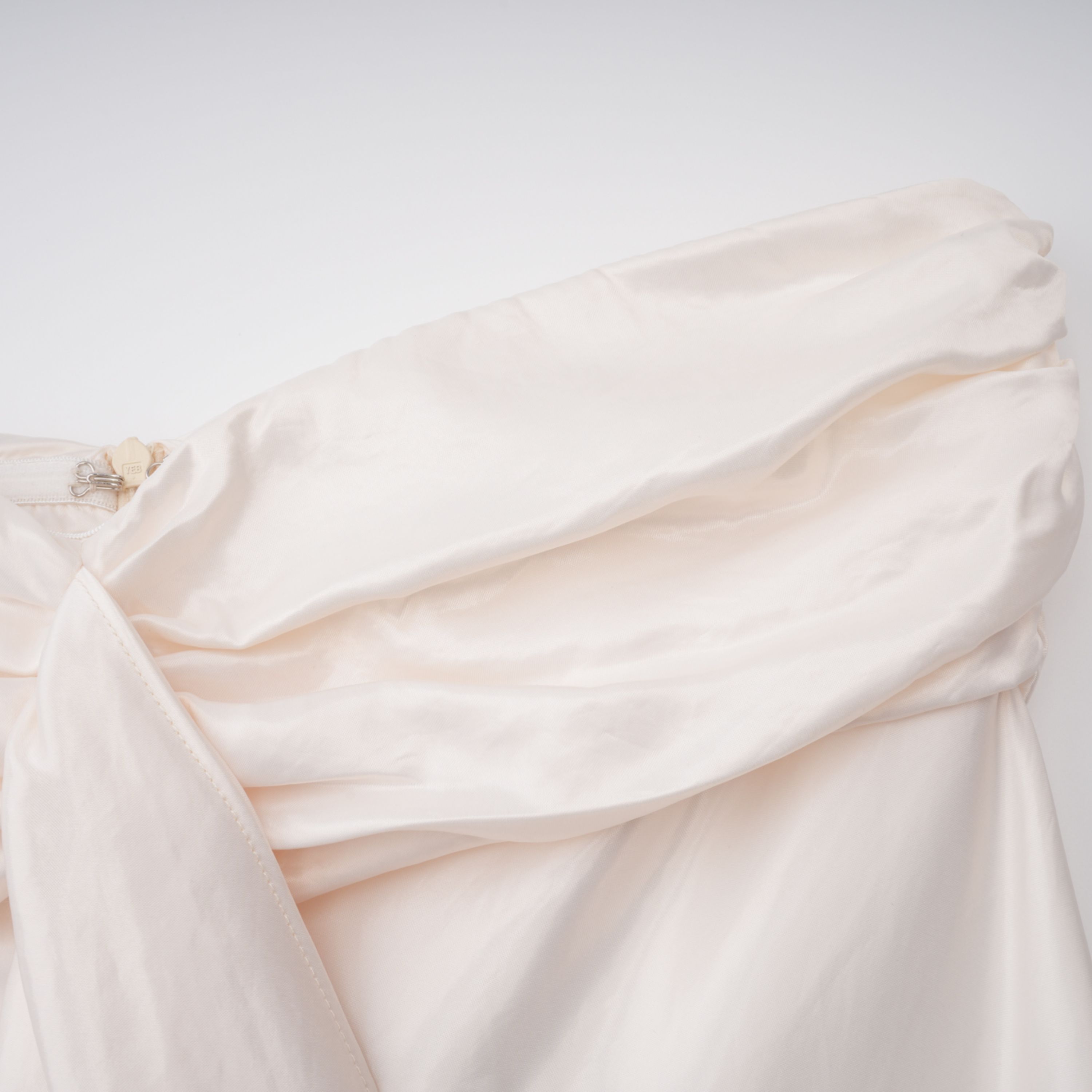 Lilla Beige Strapless Ruffled Satin Maxi Dress