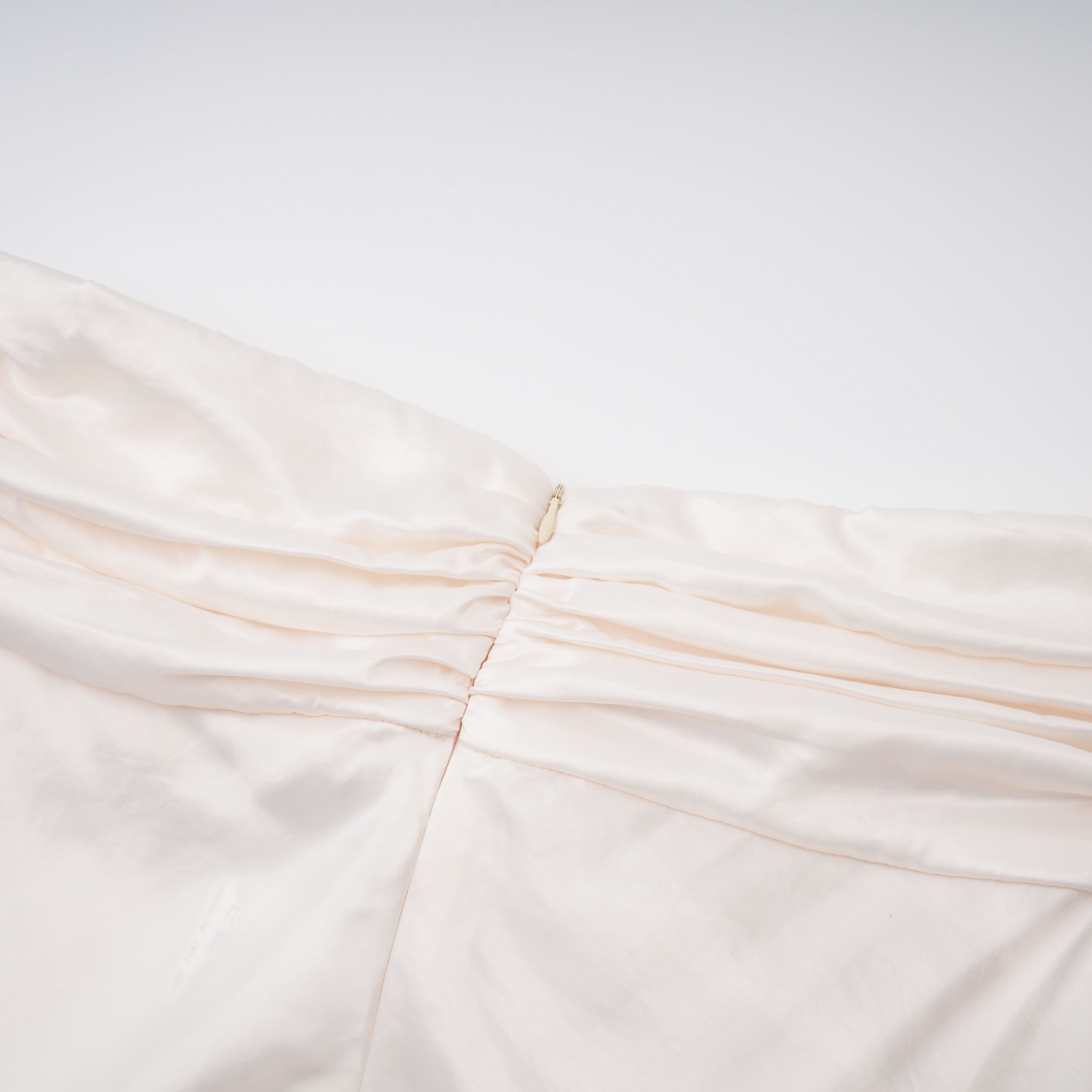 Lilla Beige Strapless Ruffled Satin Maxi Dress