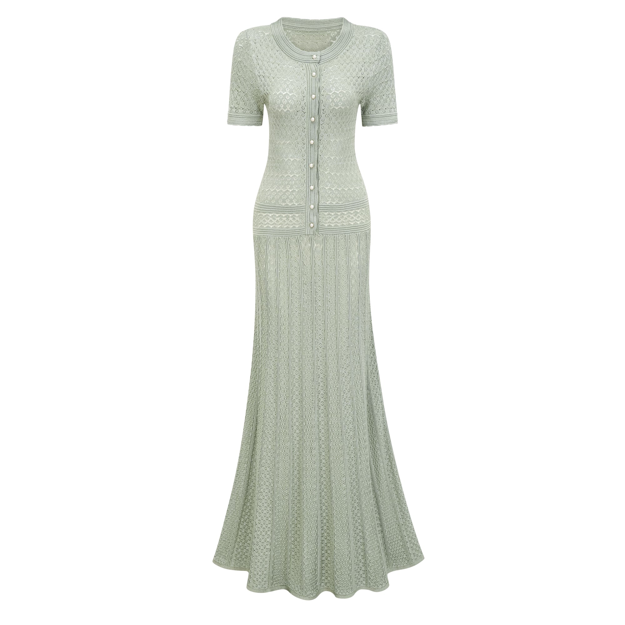 Siena green shirred crochet-knit maxi dress