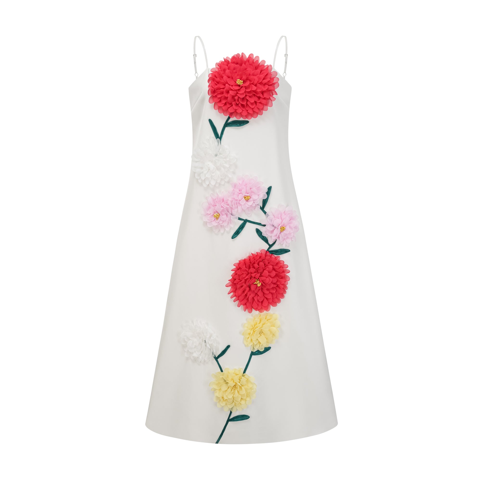 Véronique white 3d-petal sleeveless midi dress