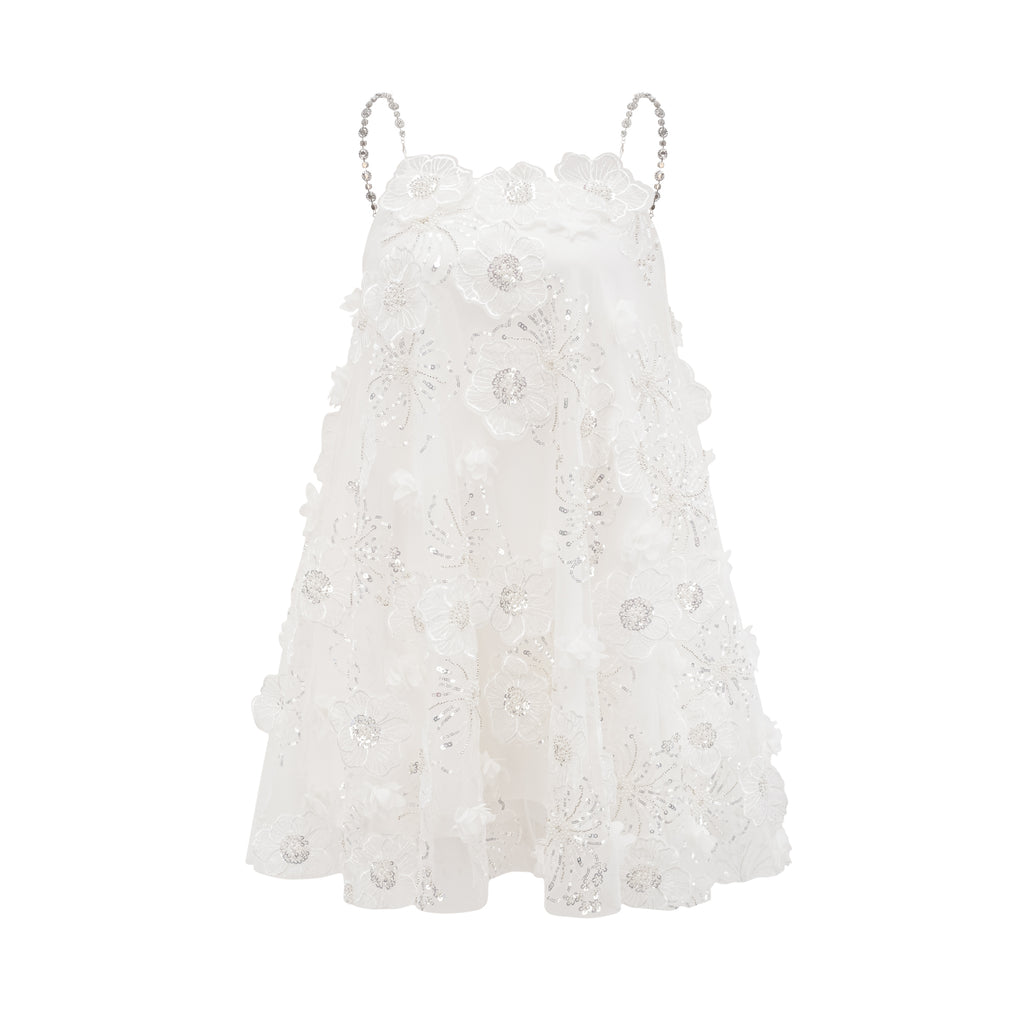 CRYSTAL FLOWER MINI DRESS IN WHITE