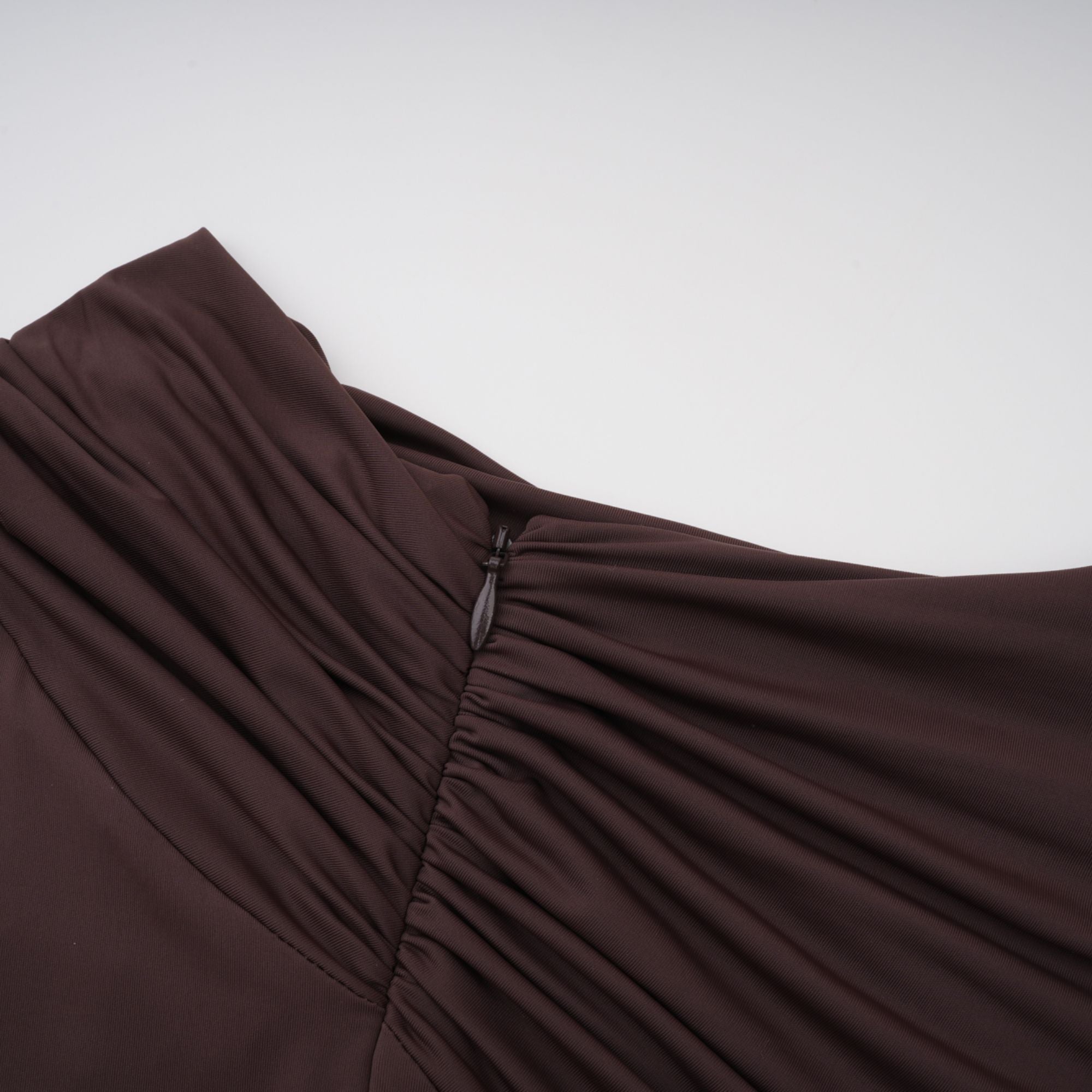 Prune Brown Night Out Asymmetrical Ruched Midi Dress