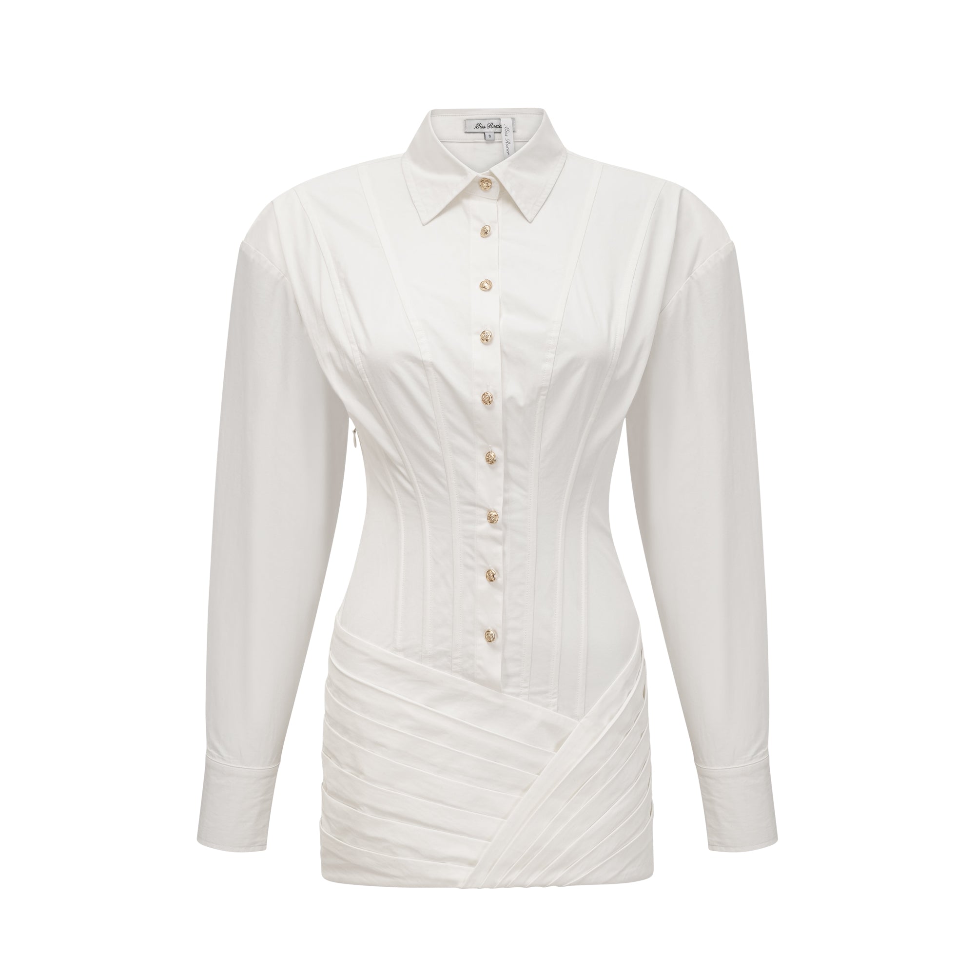 فستان أورلين الأبيض القصير ذو الخصر المحكم والمطوي