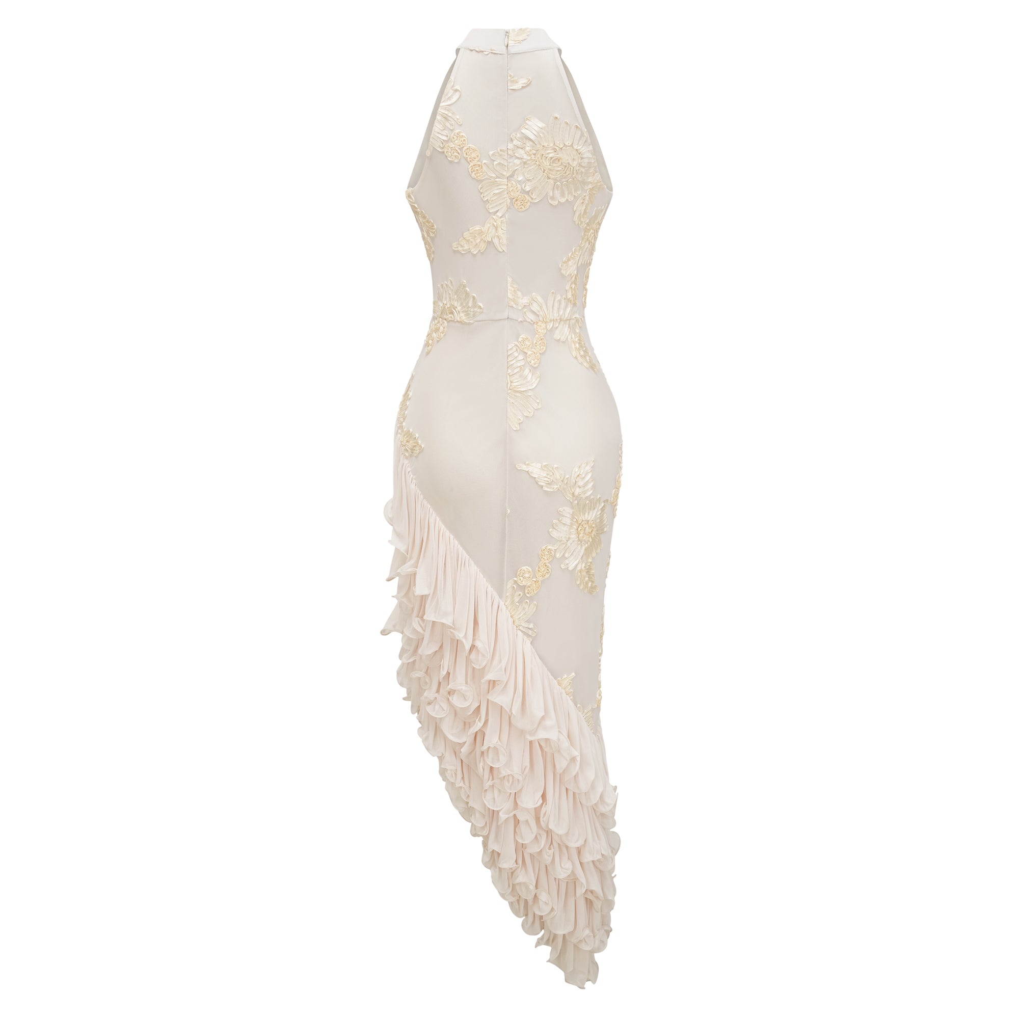 فستان تيويلين محايد غير متماثل بتصميم زهور ومكشكش متوسط الطول