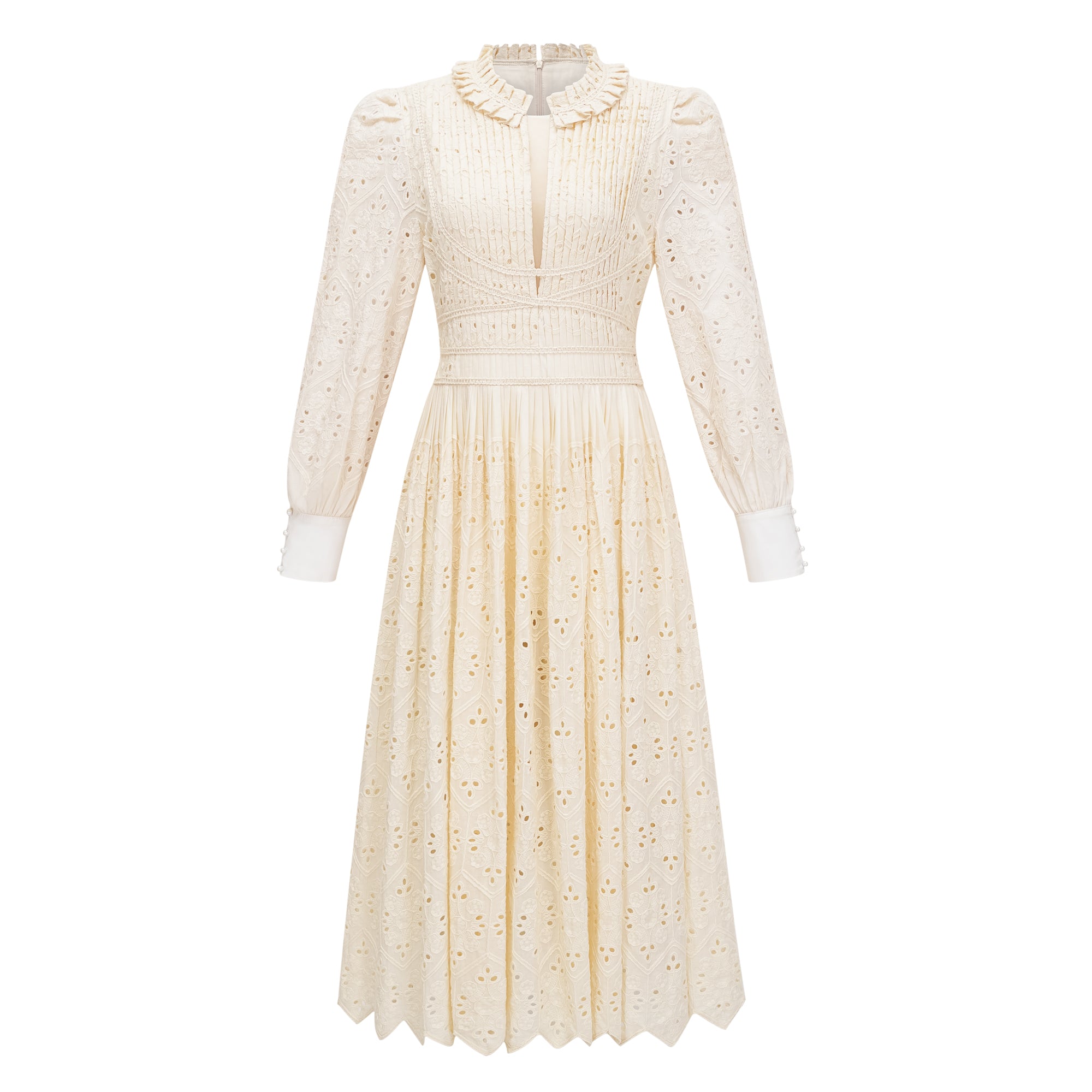 Isabeau Neutral Floral Embroidered Pleated Midi Dress