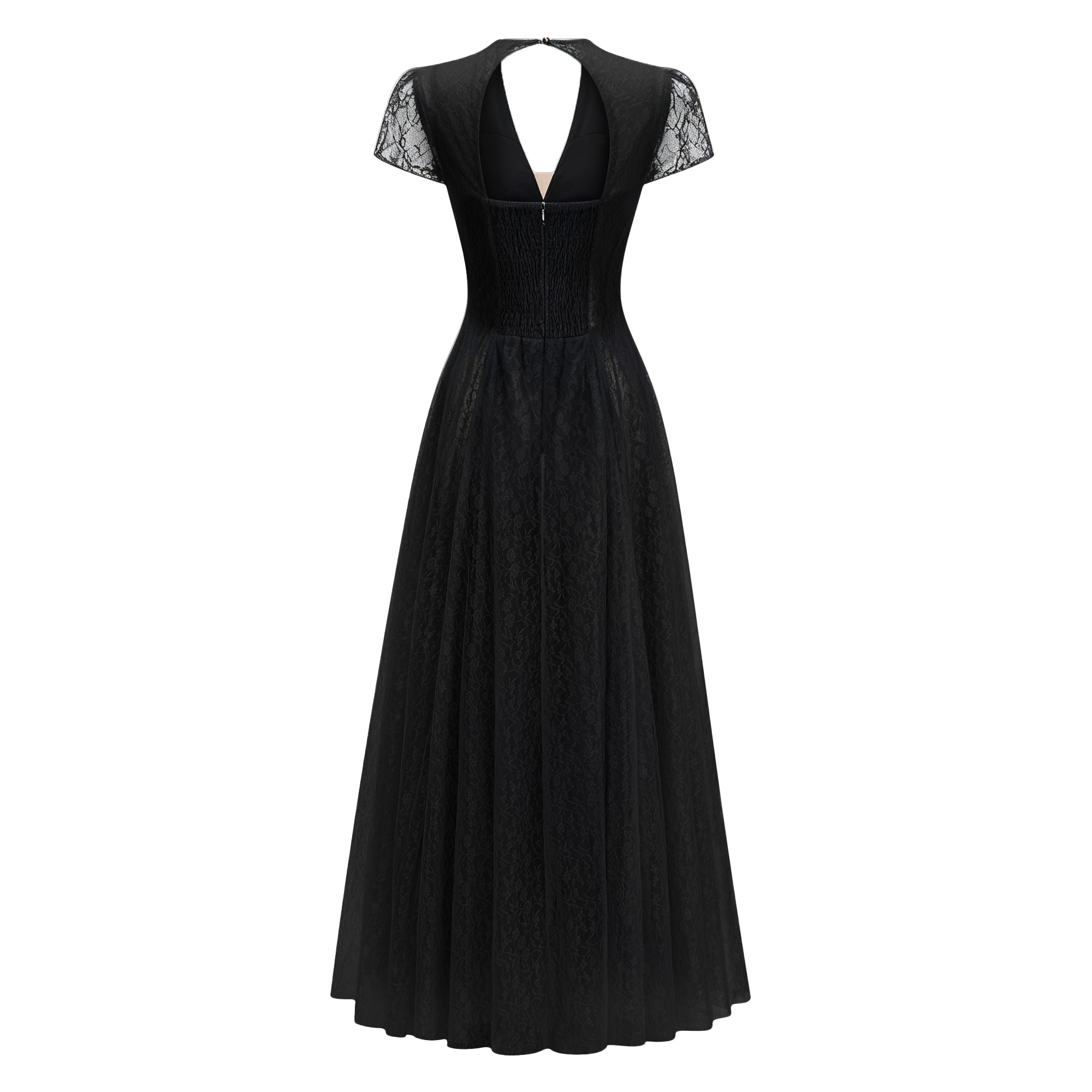 Radiya Black Floral Lace Pleated Maxi Dress