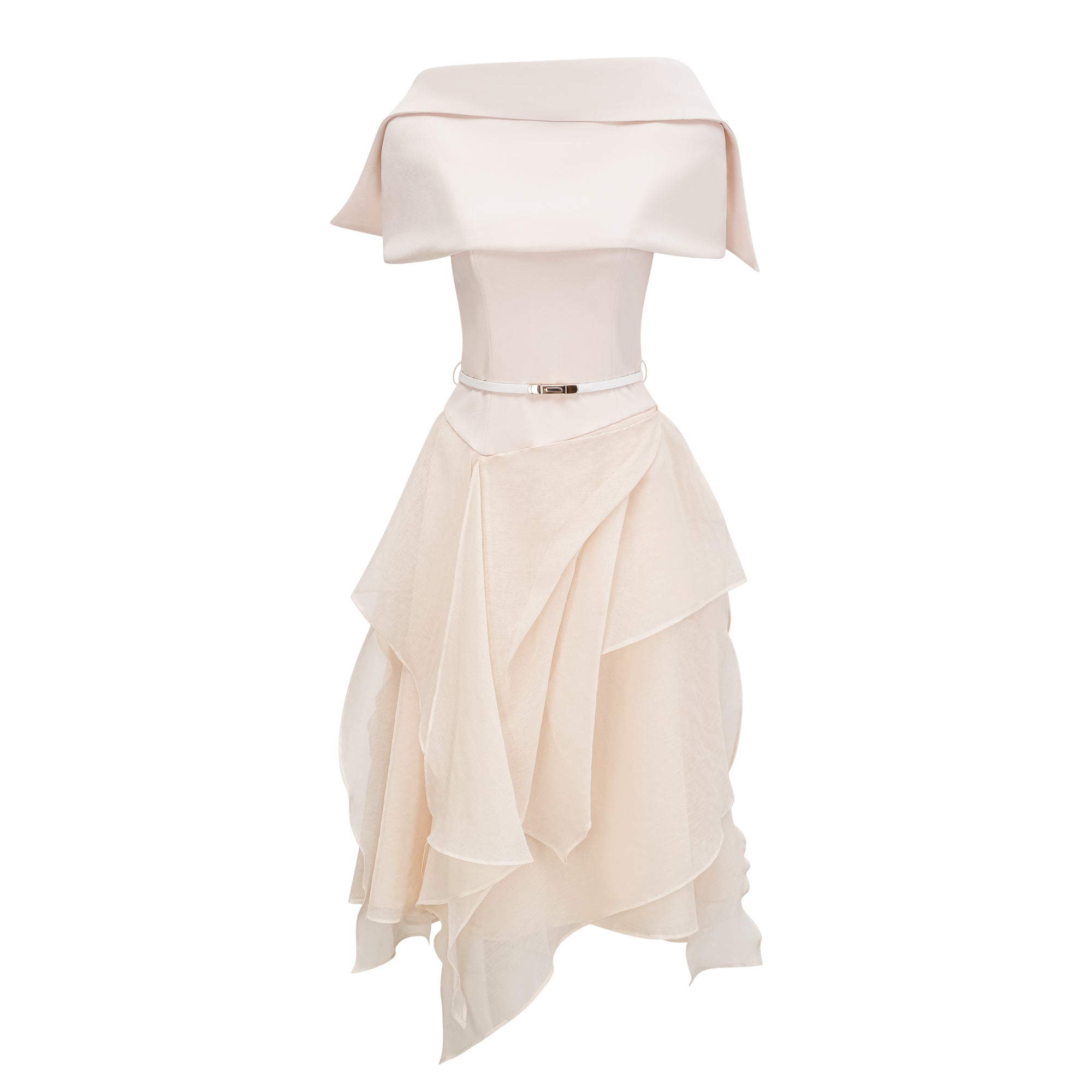 Aria White Asymmetrical Shawl & Tulle Panel Dress Set