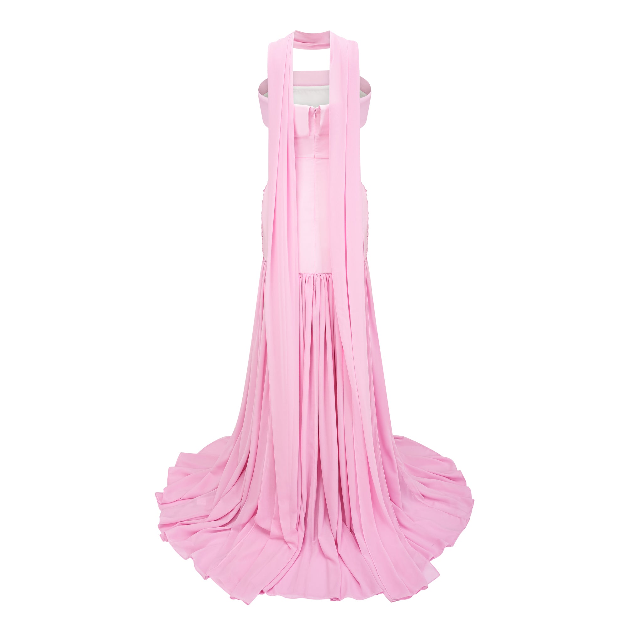 Laetitia Pink Pleated Train Ruched Maxi Dress