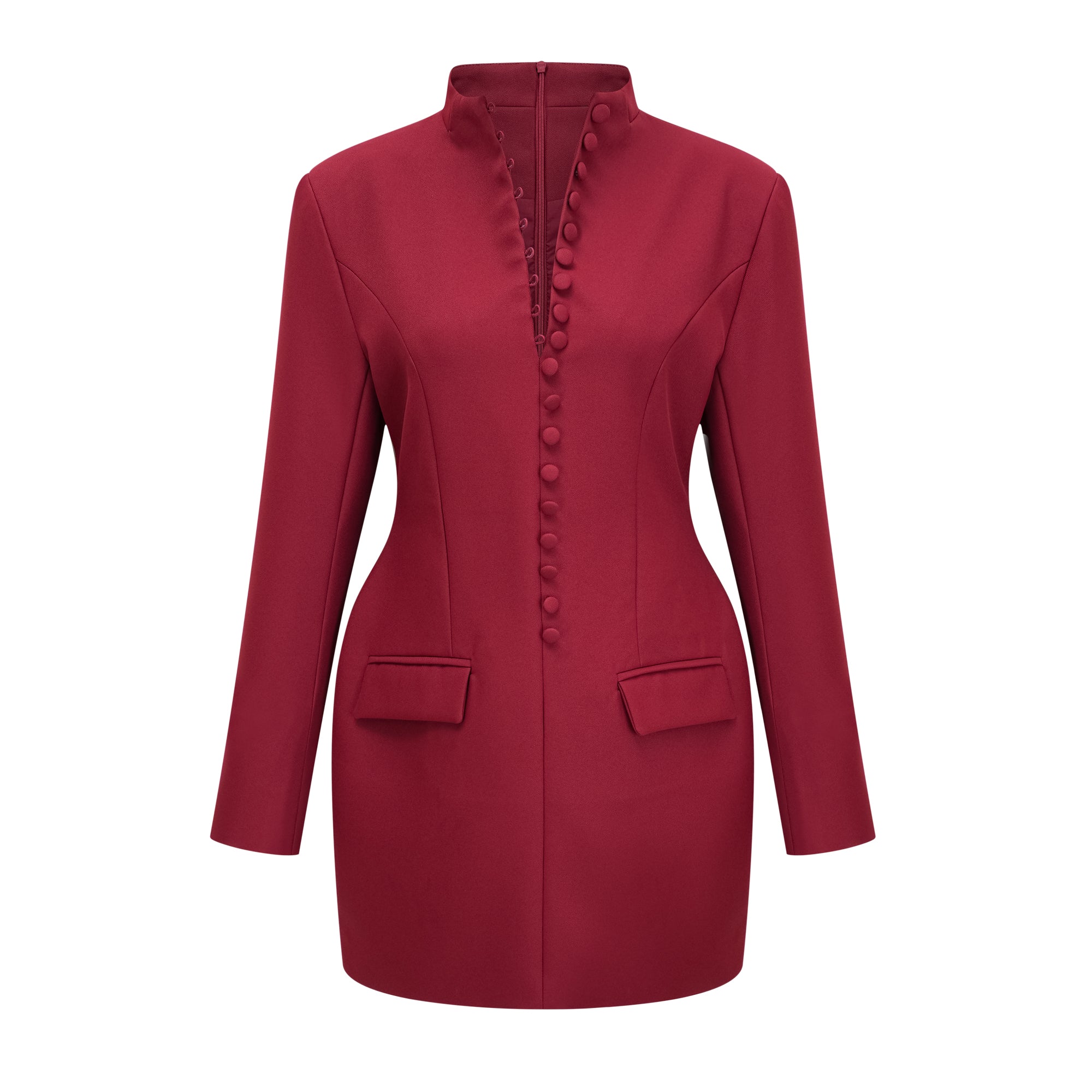 Valeria Burgunderrotes Minikleid mit Stehkragen und langen Ärmeln