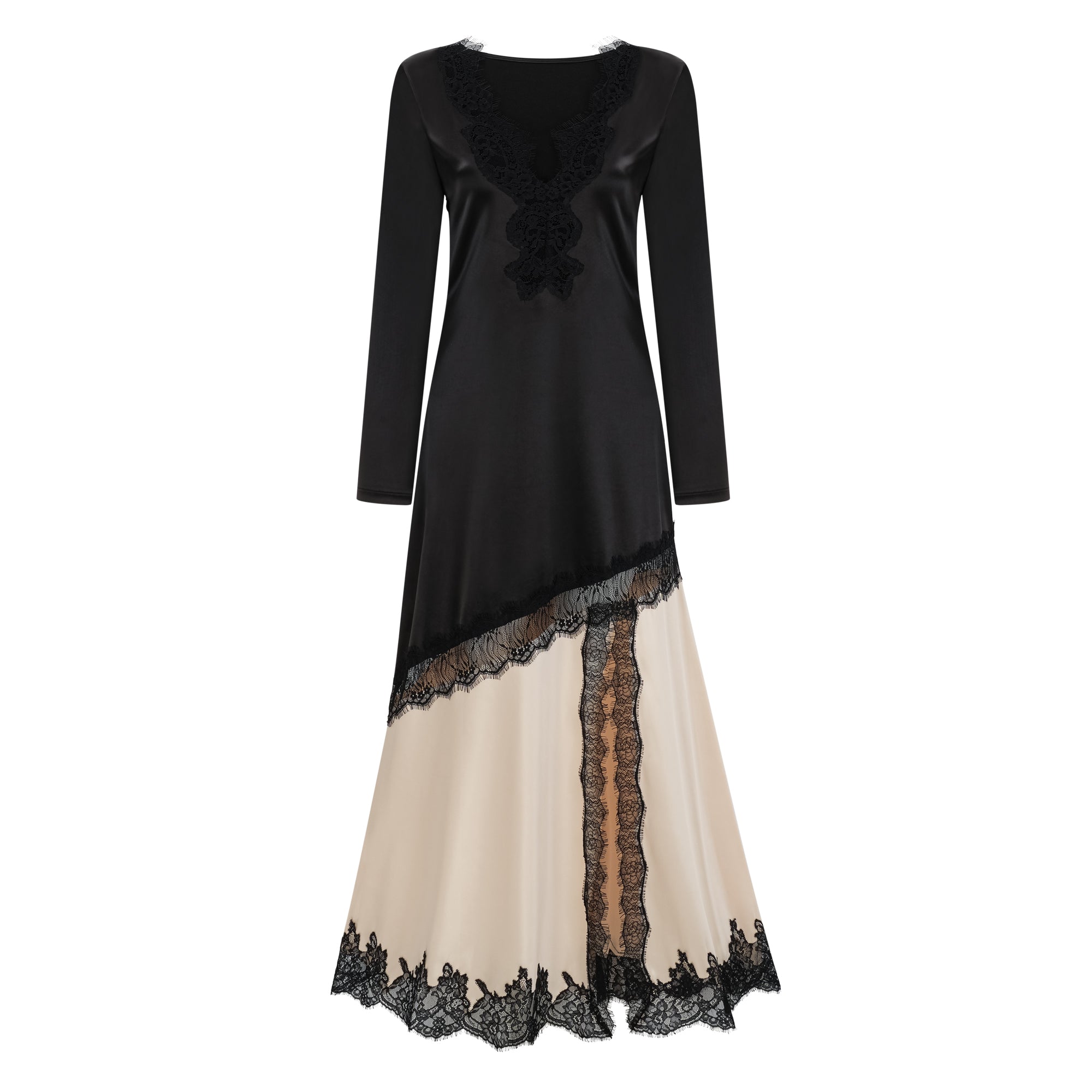 Raphaëlle – Maxikleid aus Satin mit Spitzenbesatz in neutralen Farbtönen