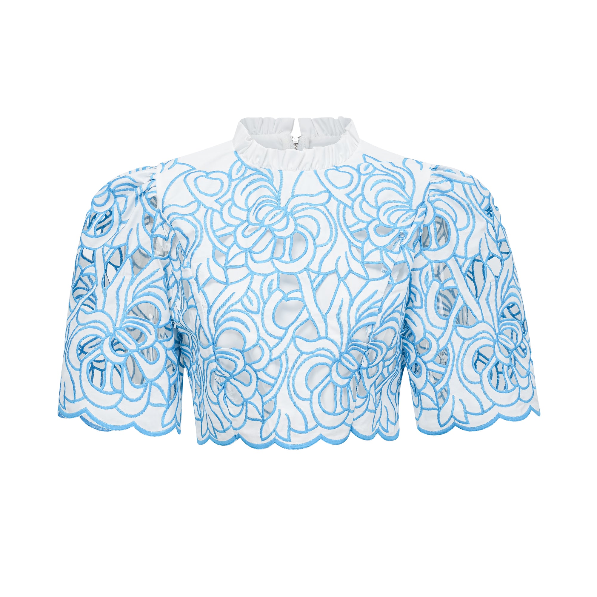 Aurore blue cut-out embroidered top & skirt matching set