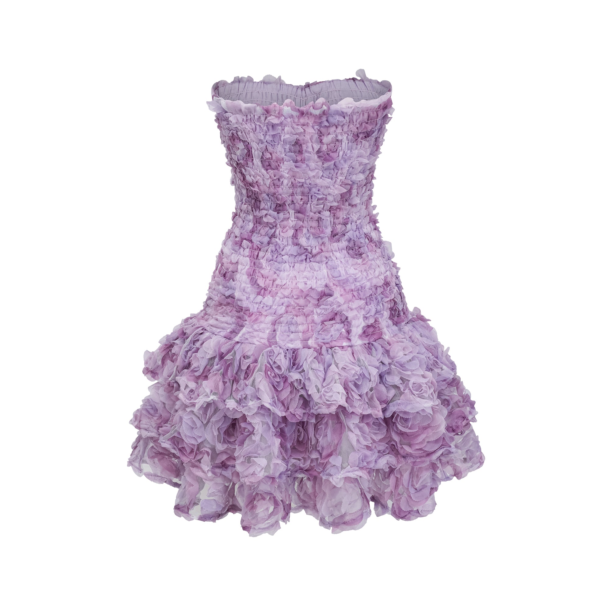 Mylène lila 3D-Blütenblatt-Minikleid aus gestuftem Tüll
