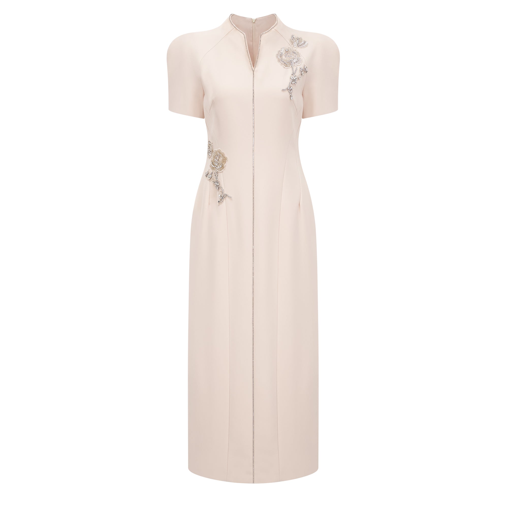 Quintella Neutrales Midi-Kleid mit Blumenmuster und Kristallverzierung