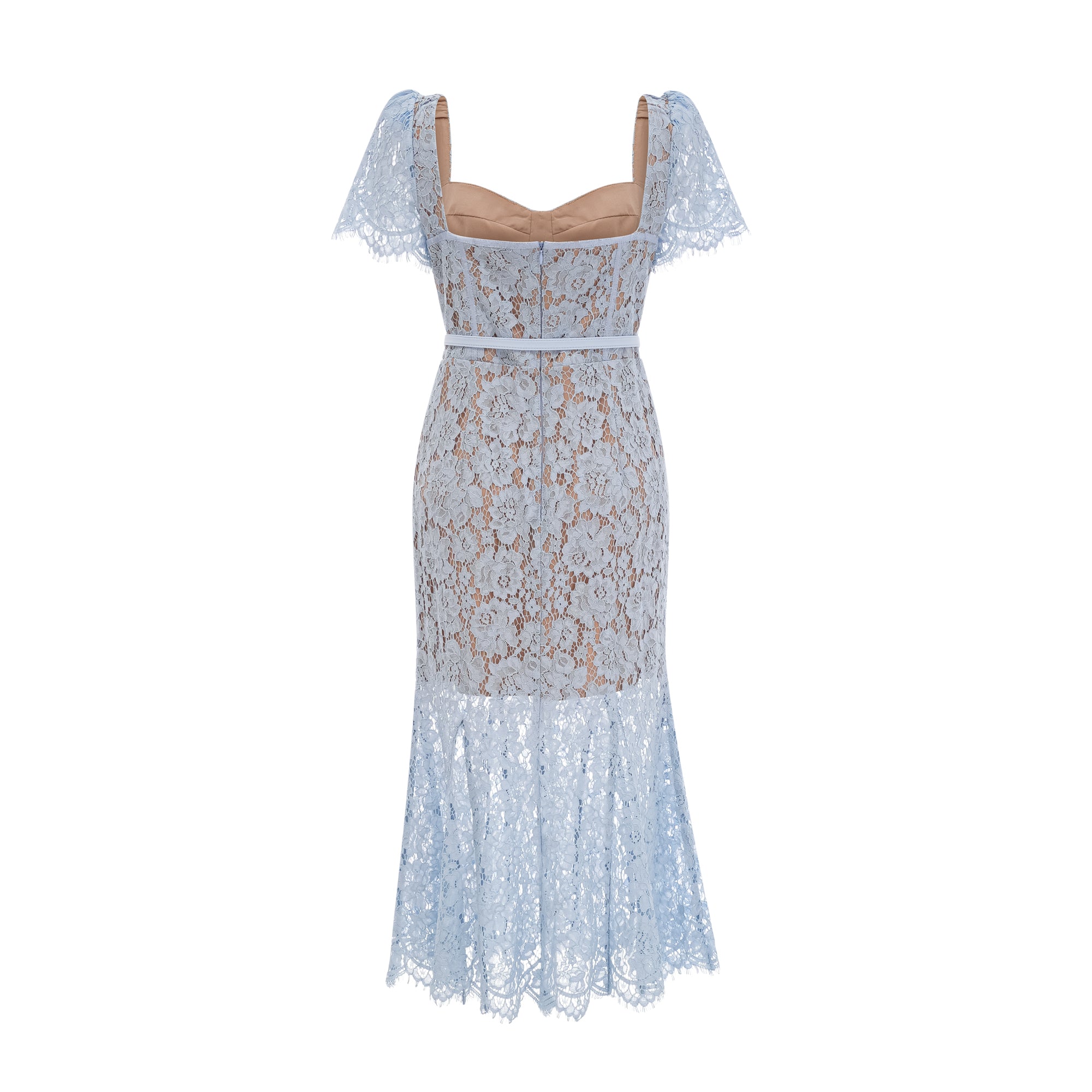 فستان أودري متوسط الطول من الدانتيل المزهر باللون الأزرق