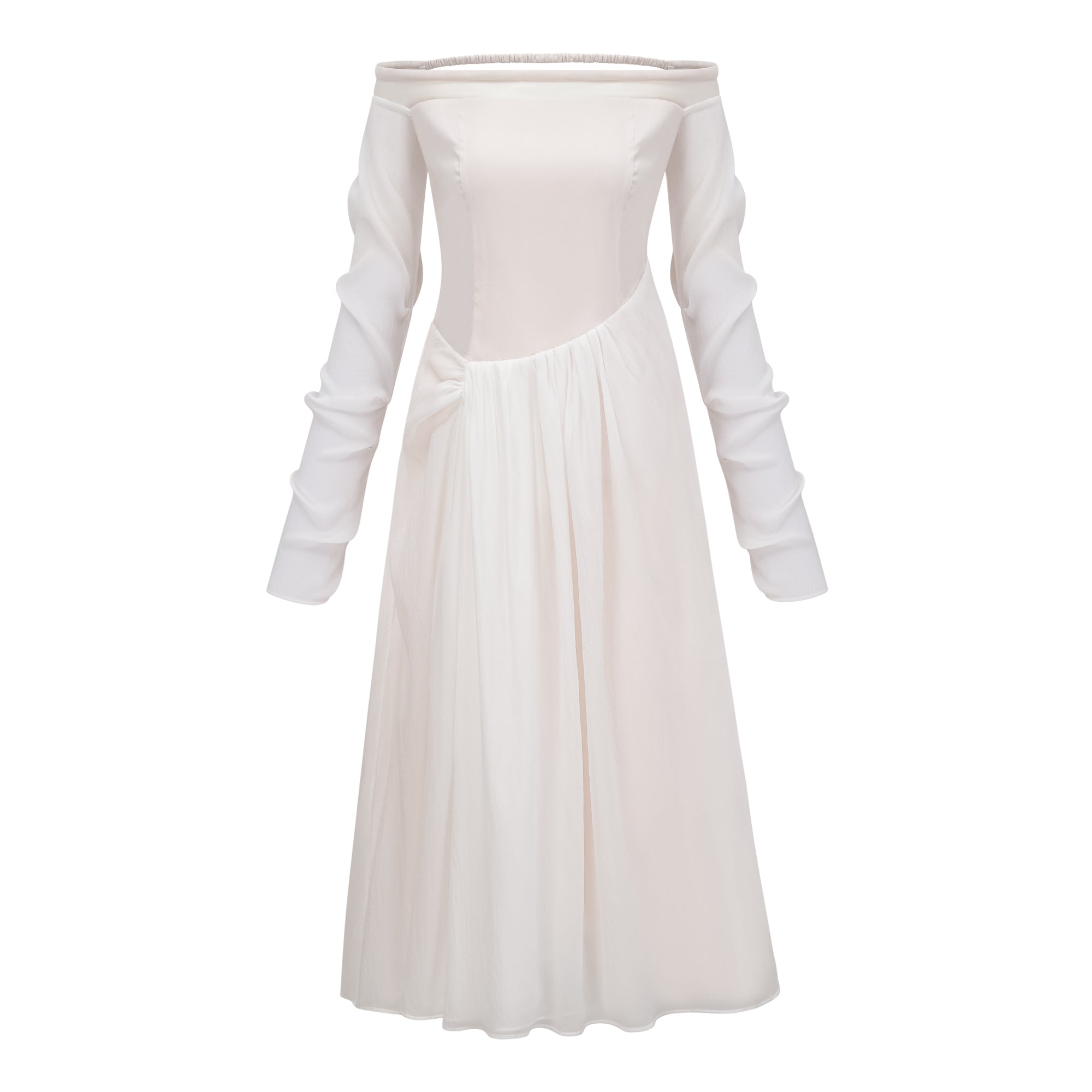 Gelsomina White Gathered Crepe Midi Dress