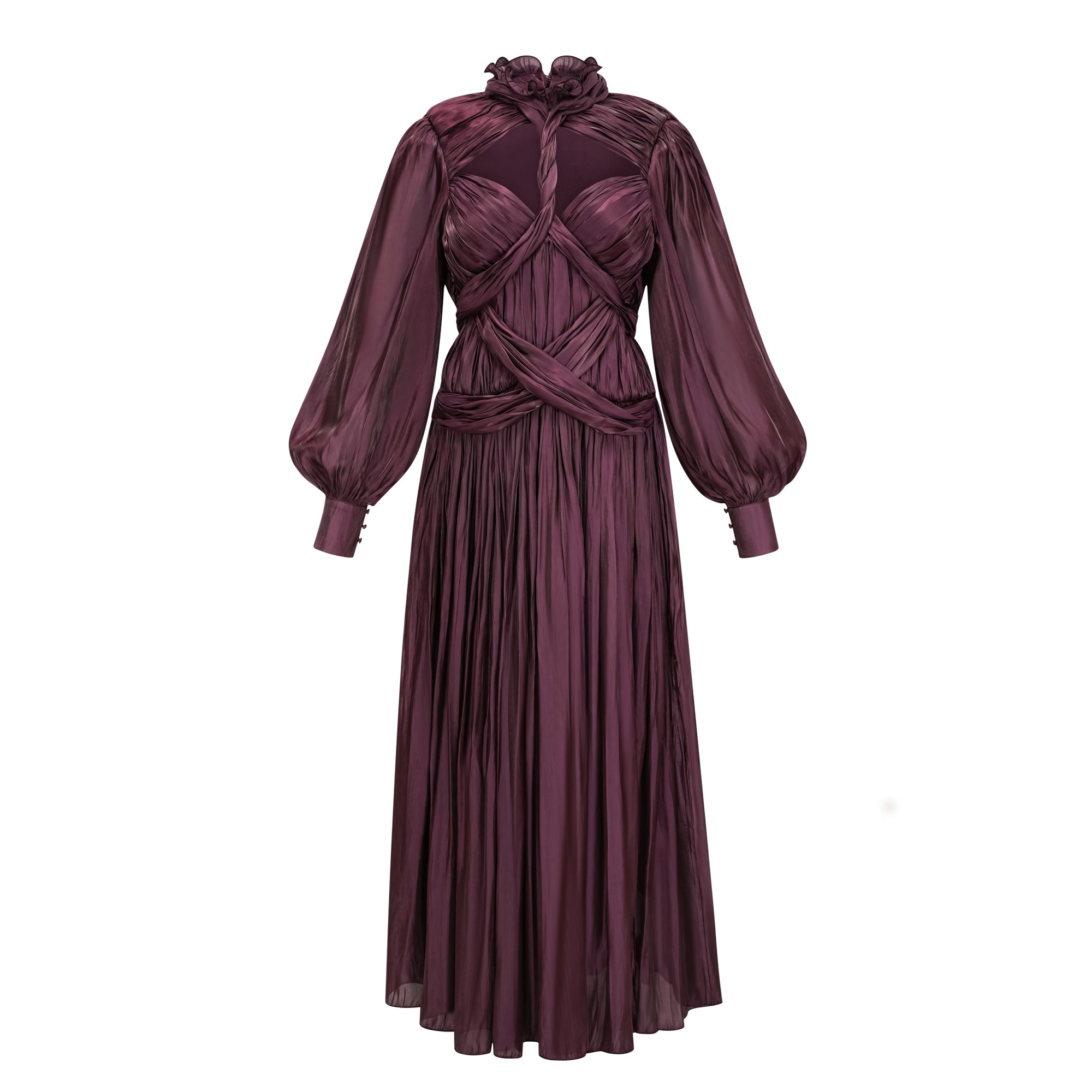 فستان ماكسي بقصّة متقاطعة باللون البني الفاتح