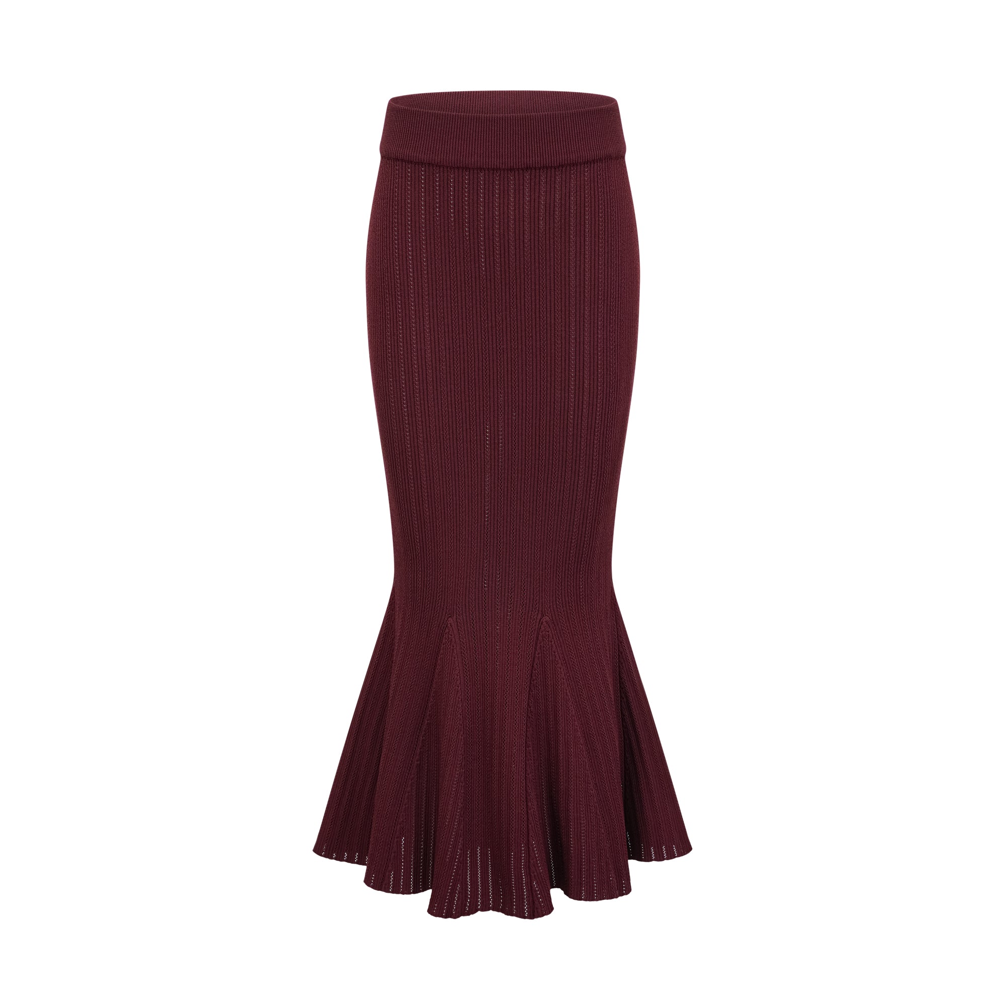 Corrine – Passendes Set aus rotem Strickoberteil und -rock mit Rüschen