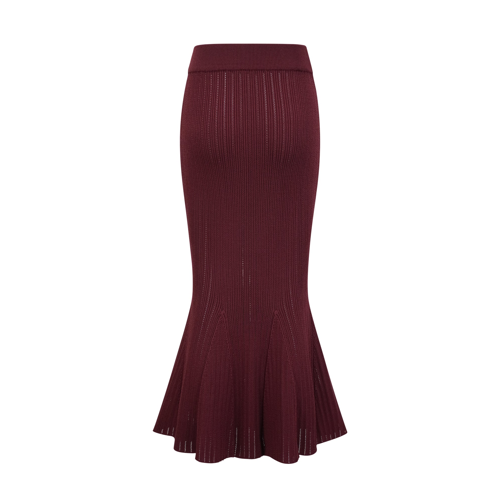 Corrine – Passendes Set aus rotem Strickoberteil und -rock mit Rüschen