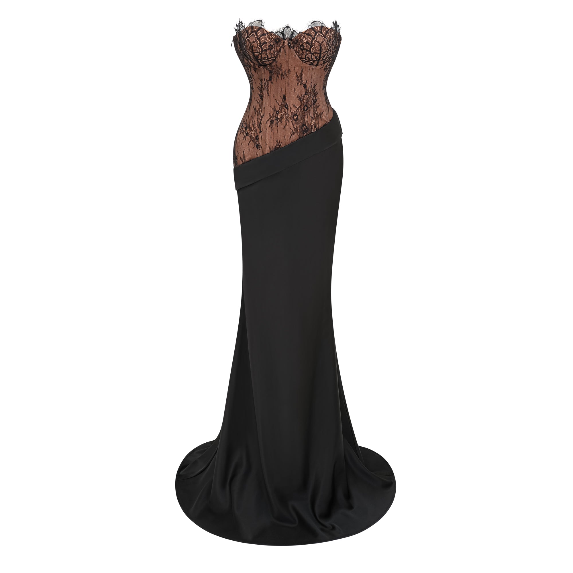 Schwarzes Maxikleid aus Satin mit Spitzenbesatz