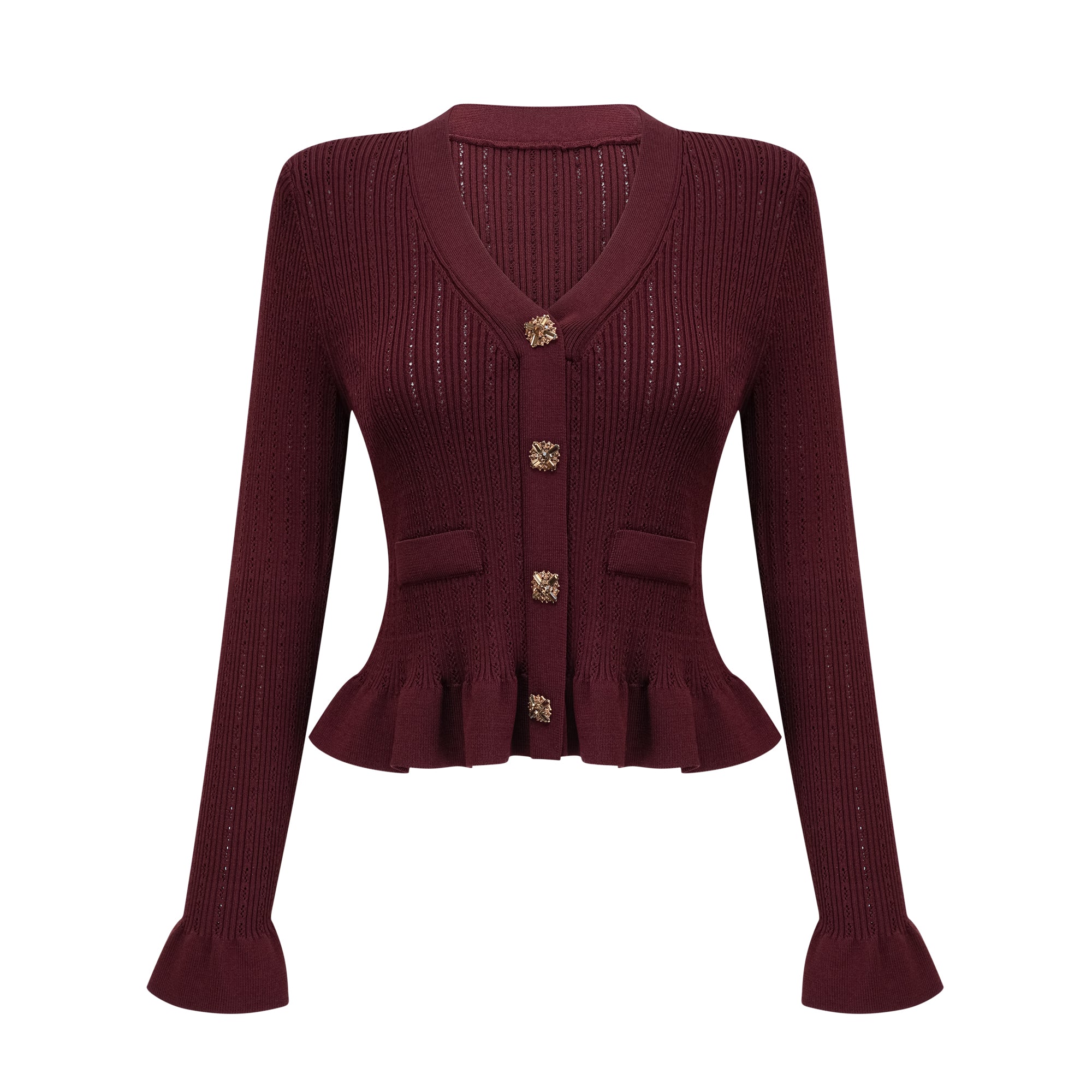 Corrine – Passendes Set aus rotem Strickoberteil und -rock mit Rüschen