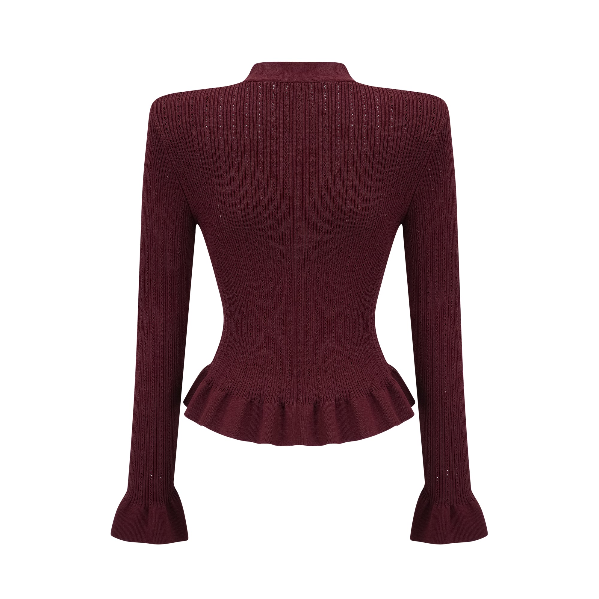 Corrine – Passendes Set aus rotem Strickoberteil und -rock mit Rüschen